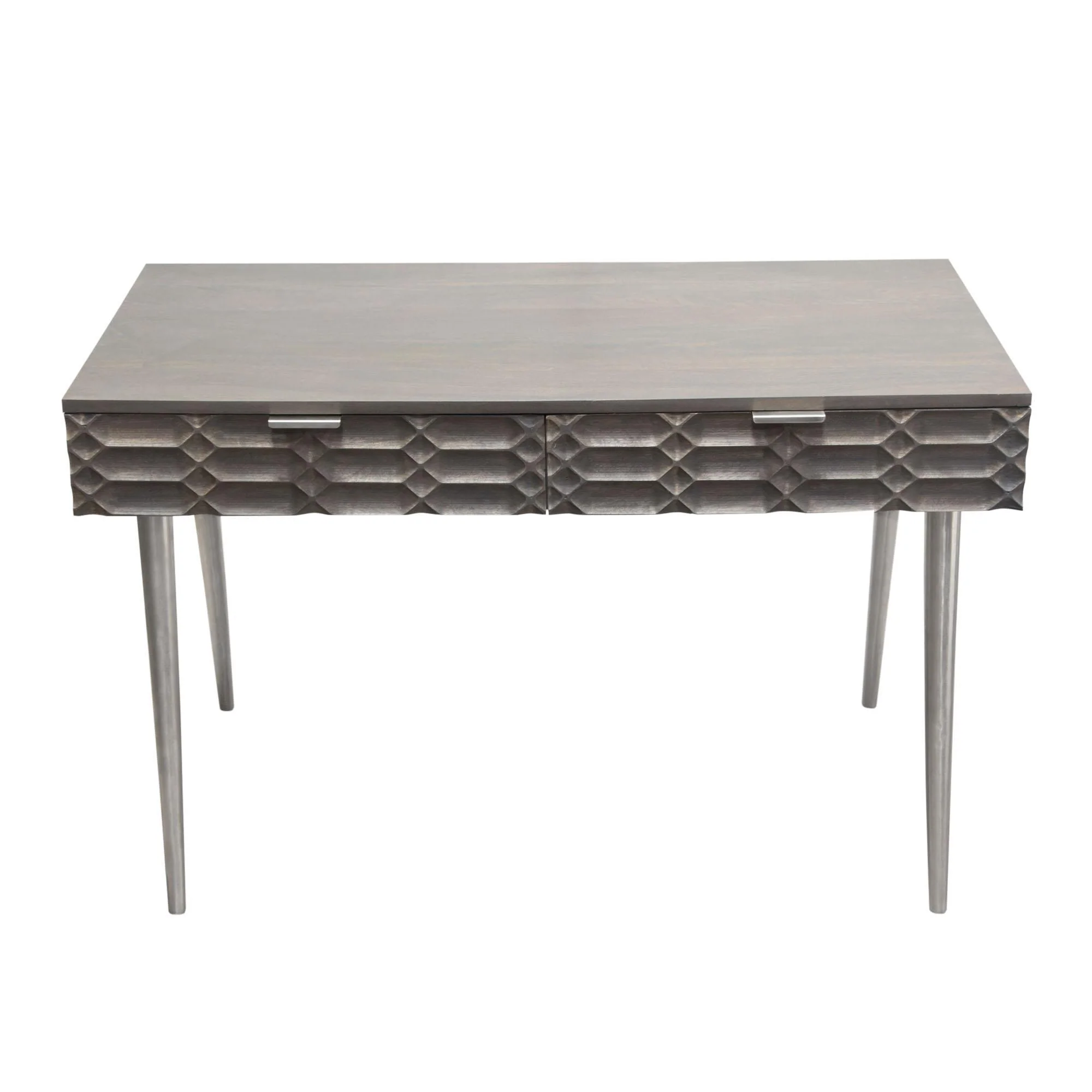 Petra Solid Mango Wood 2-Drawer Writing Desk in Smoke Grey Finish w/ Nickel Legs by Diamond Sofa - Image 3