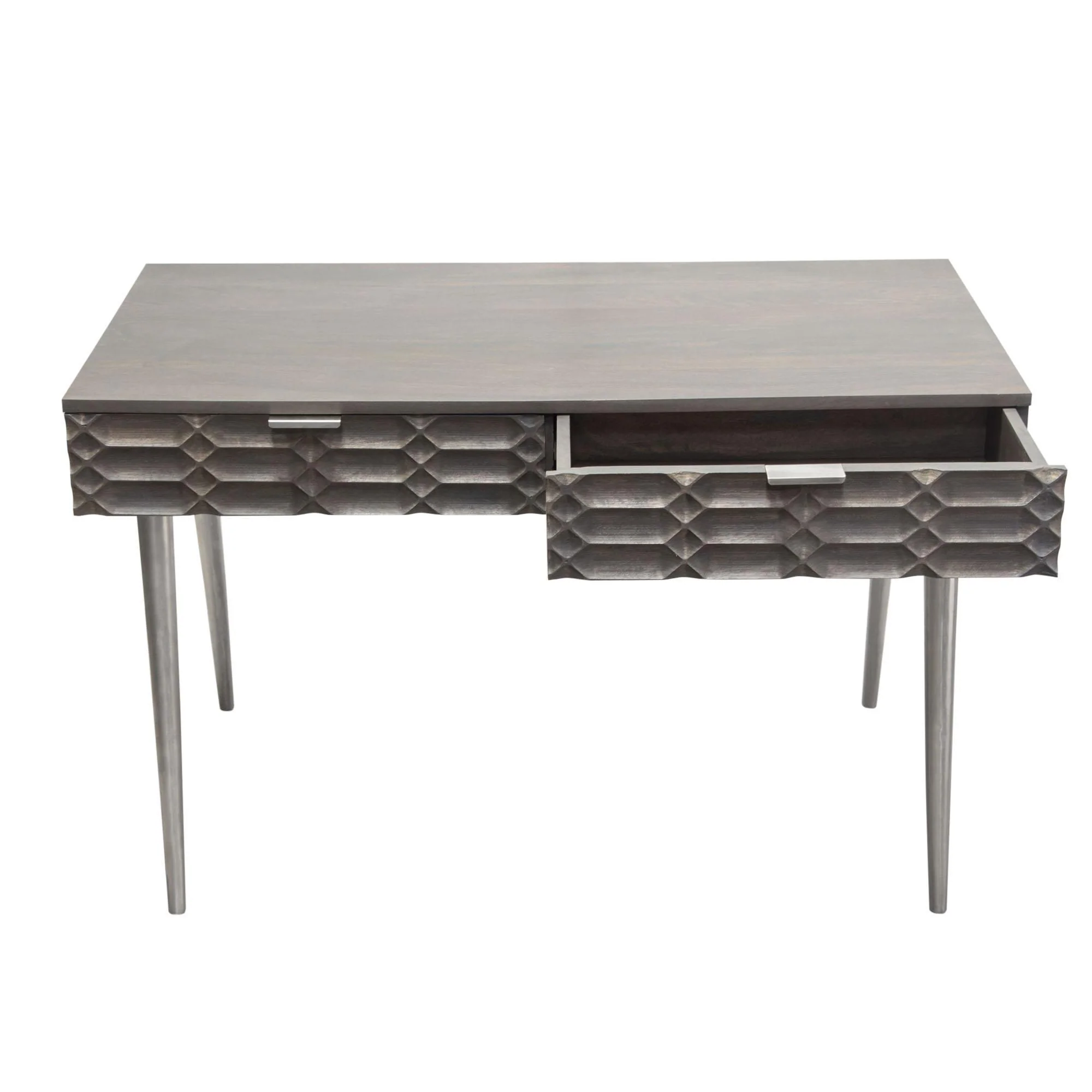 Petra Solid Mango Wood 2-Drawer Writing Desk in Smoke Grey Finish w/ Nickel Legs by Diamond Sofa - Image 4