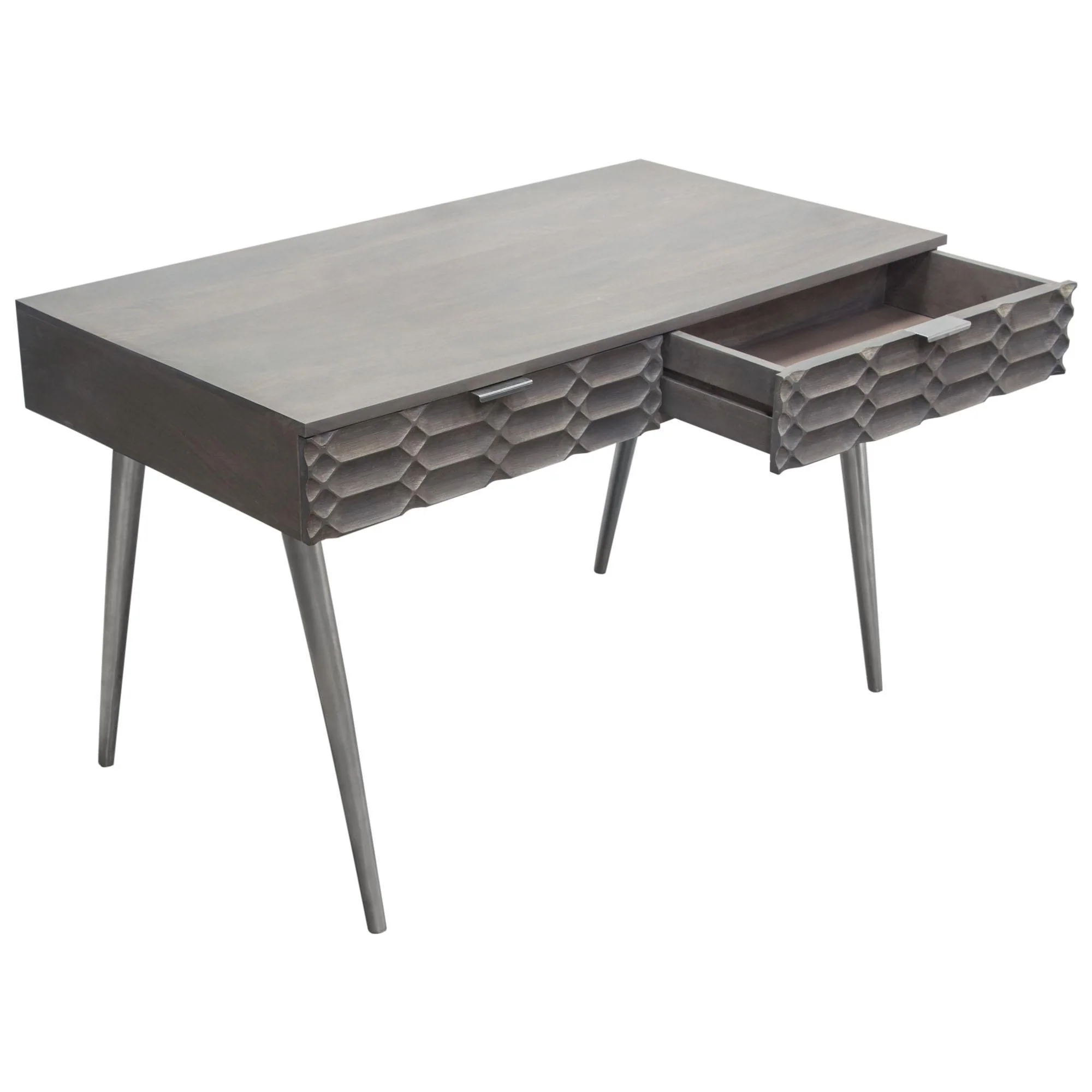 Petra Solid Mango Wood 2-Drawer Writing Desk in Smoke Grey Finish w/ Nickel Legs by Diamond Sofa - Image 7