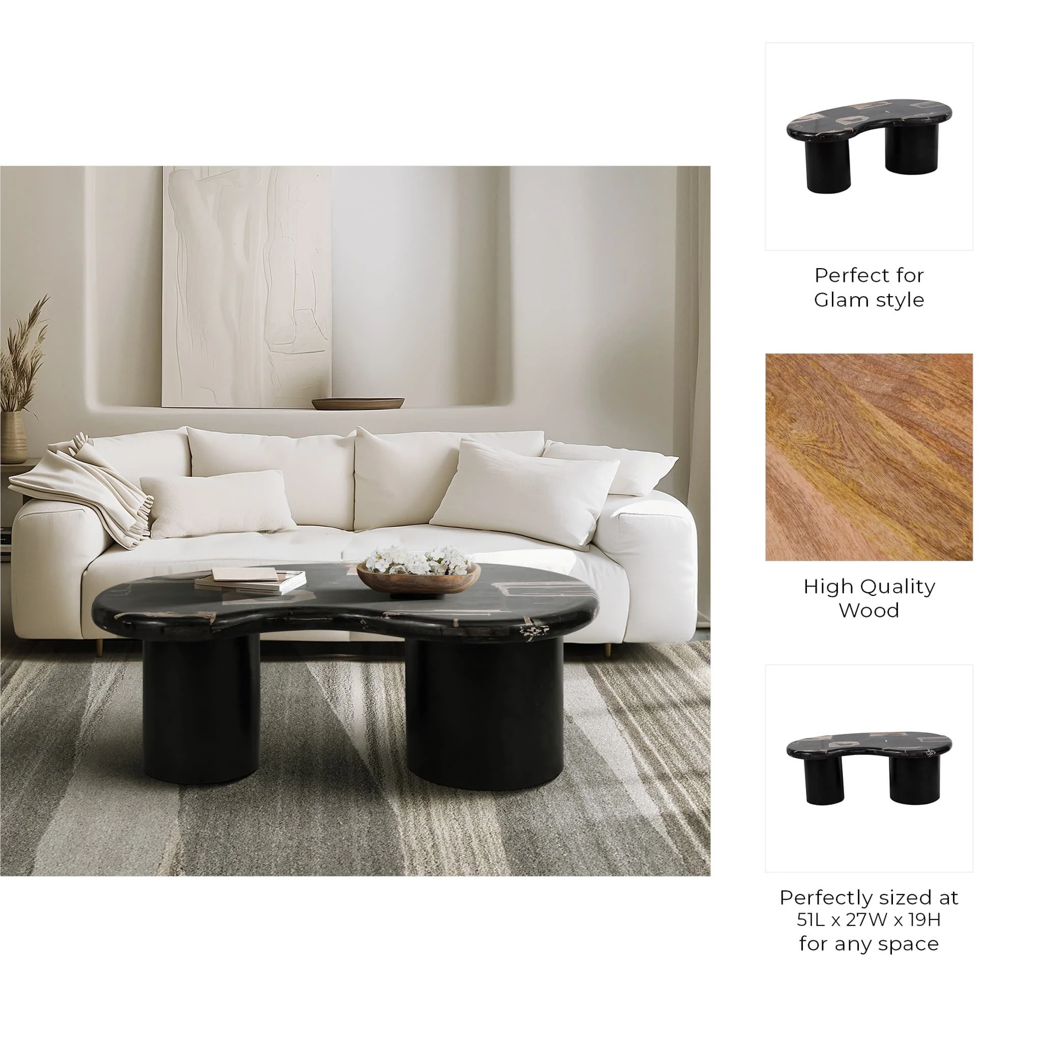 Petrified Wood, 51" Kidney Coffee Table, Black - Image 9