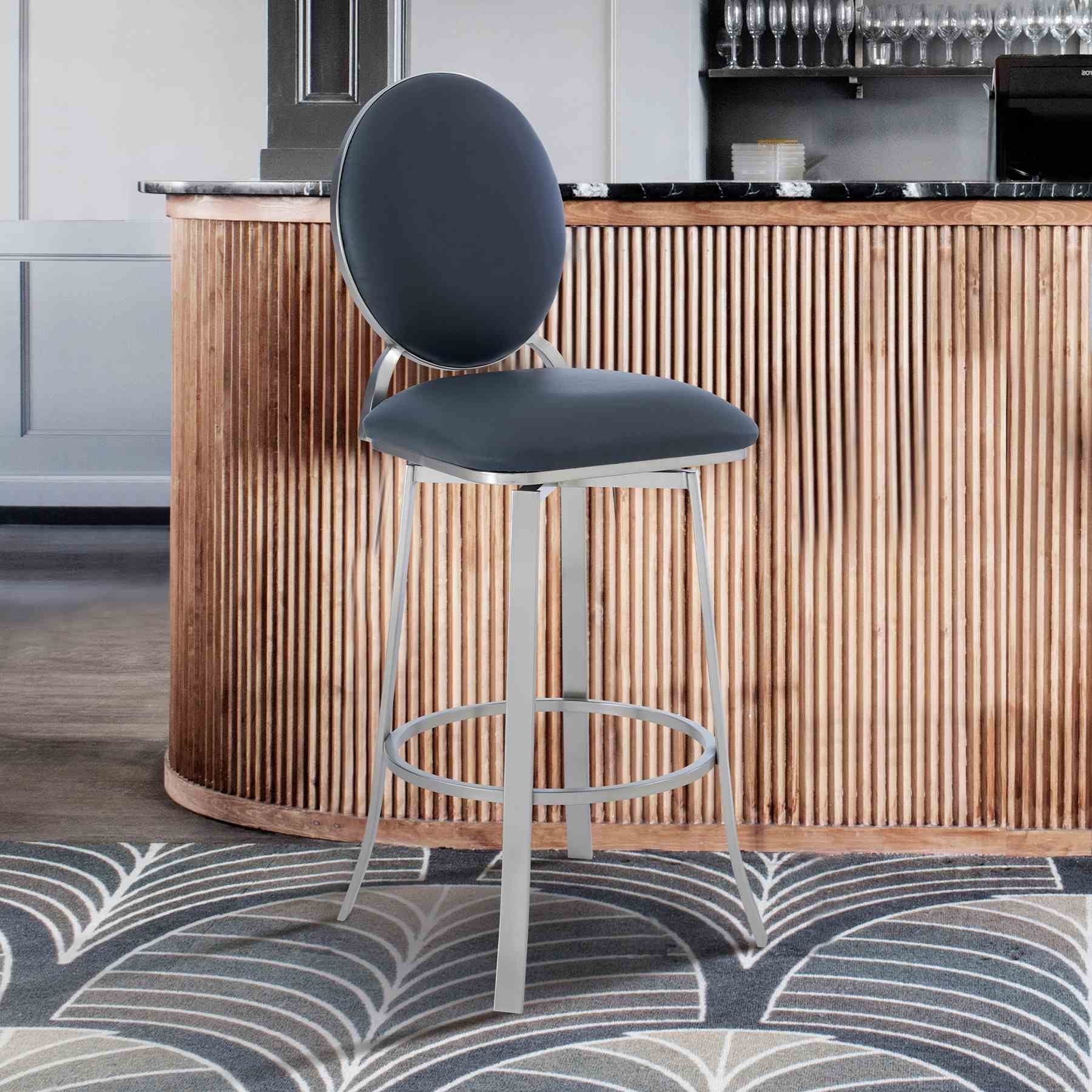 Pia Contemporary 26" Counter Height Barstool in Brushed Stainless Steel Finish and Gray Faux Leather - Image 7