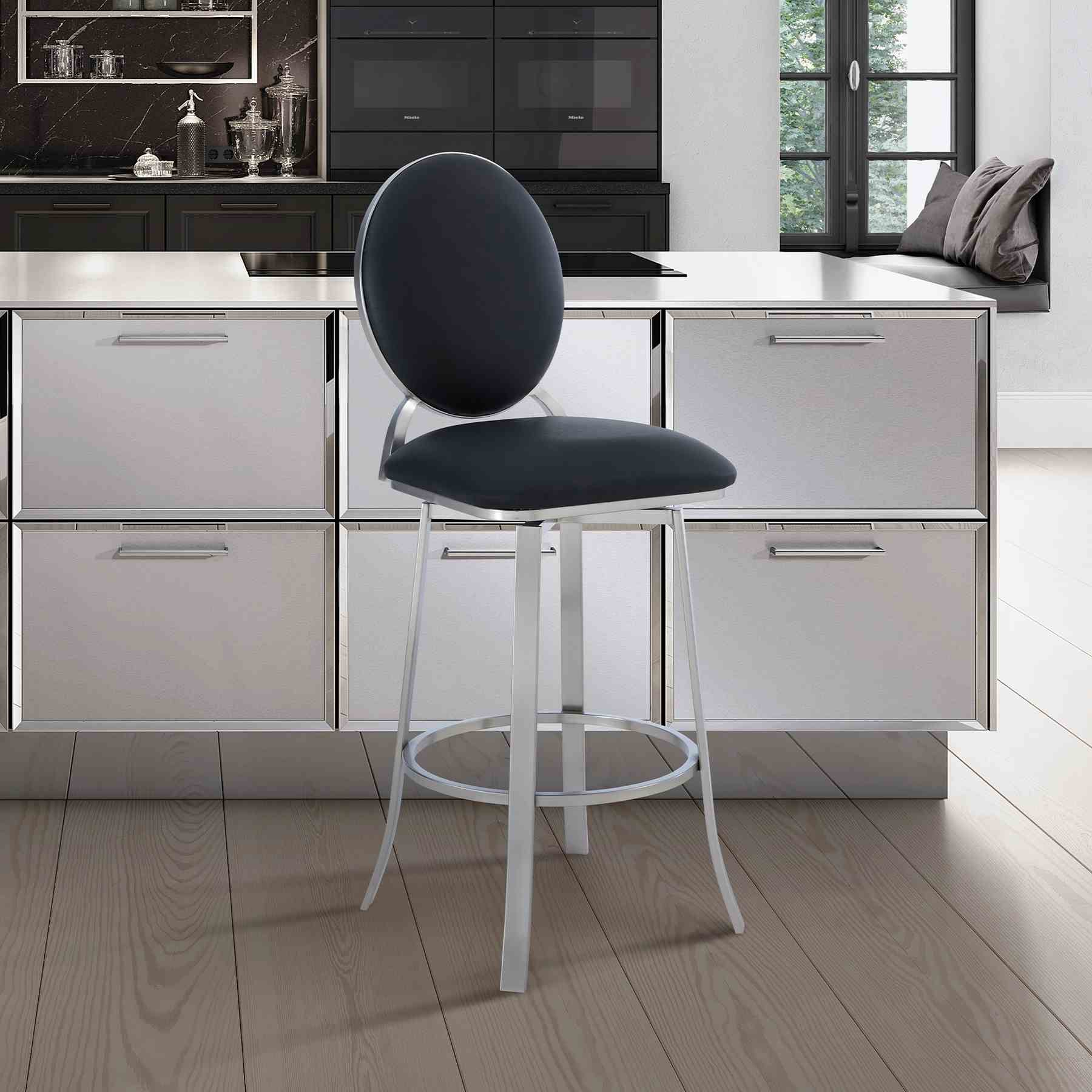 Pia Contemporary 30" Bar Height Barstool in Brushed Stainless Steel Finish and Black Faux Leather - Image 7