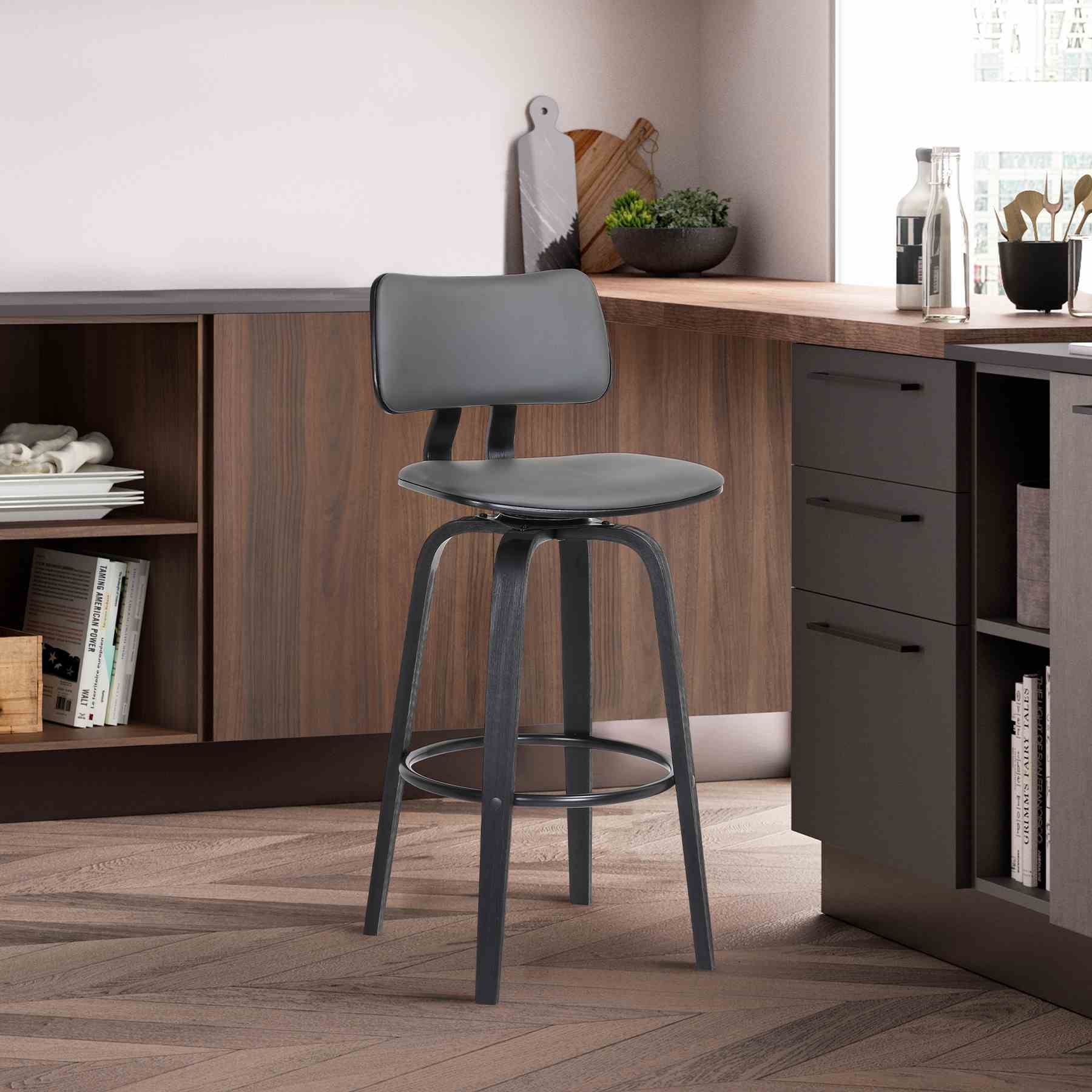 Pico 26" Swivel Black Wood Counter Stool in Gray Faux Leather with Black Metal - Image 10