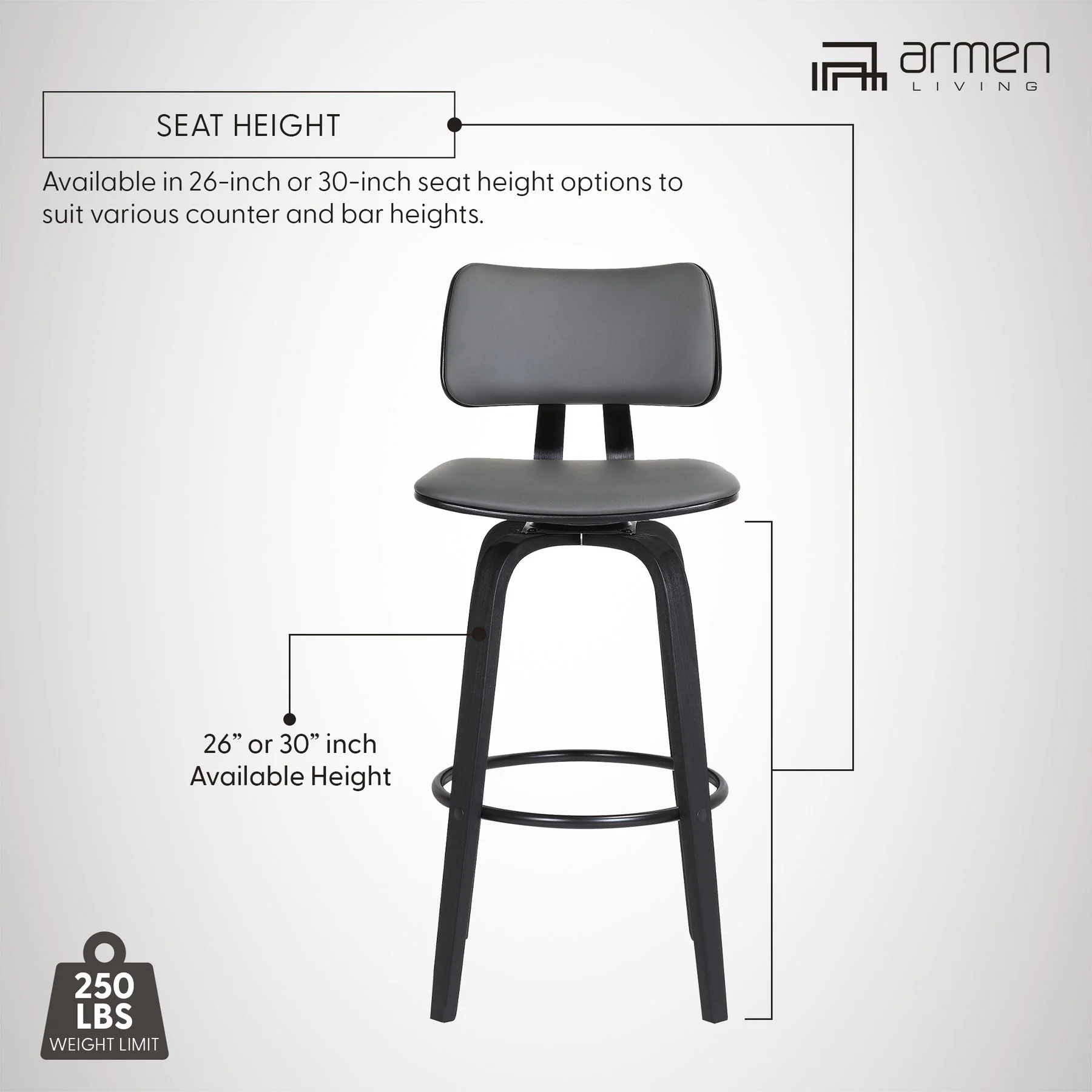 Pico 26" Swivel Black Wood Counter Stool in Gray Faux Leather with Black Metal - Image 13