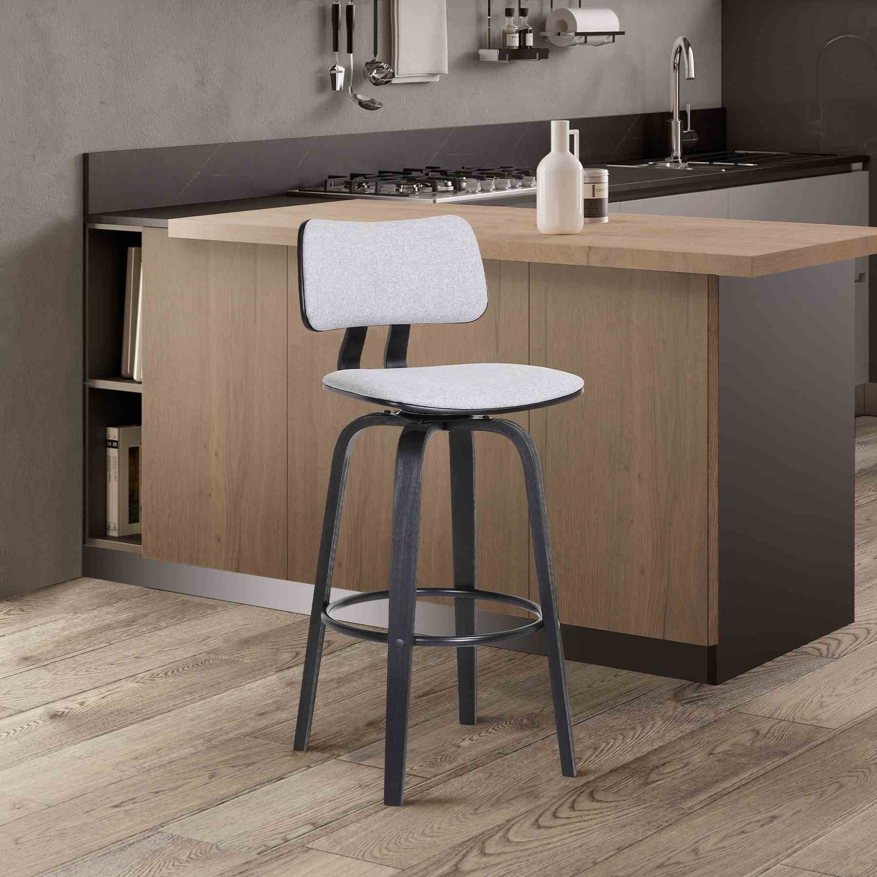 Pico 26" Swivel Black Wood Counter Stool in Light Gray Fabric with Black Metal - Image 10