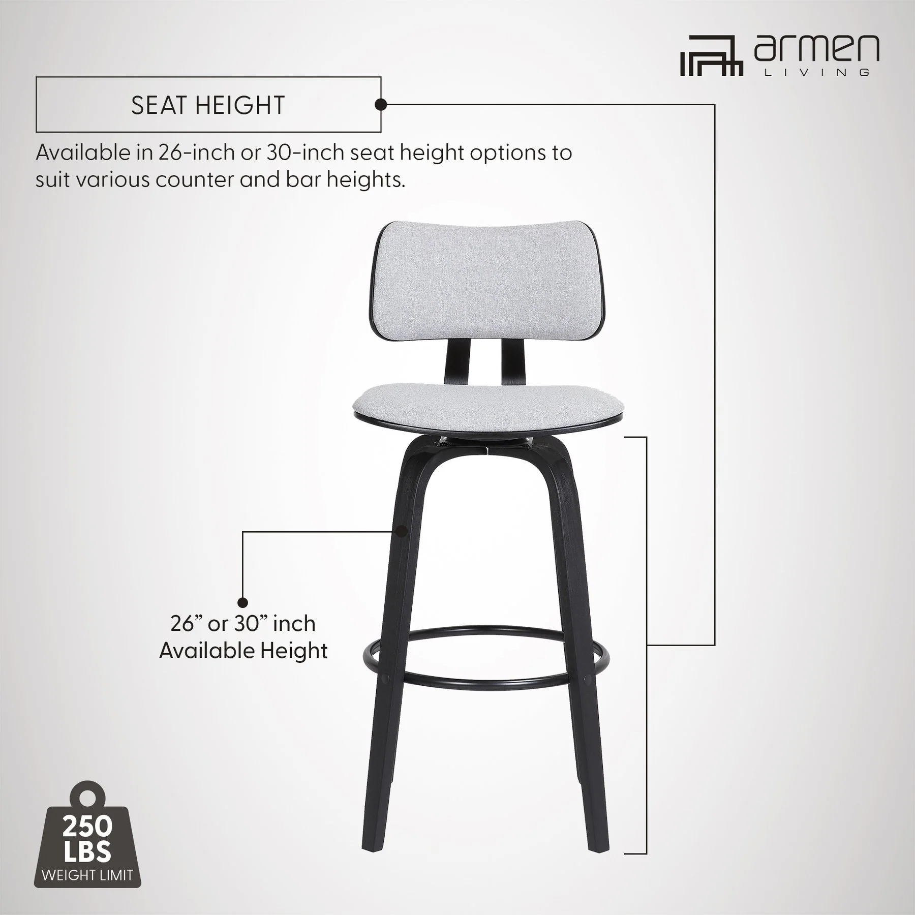 Pico 26" Swivel Black Wood Counter Stool in Light Gray Fabric with Black Metal - Image 13