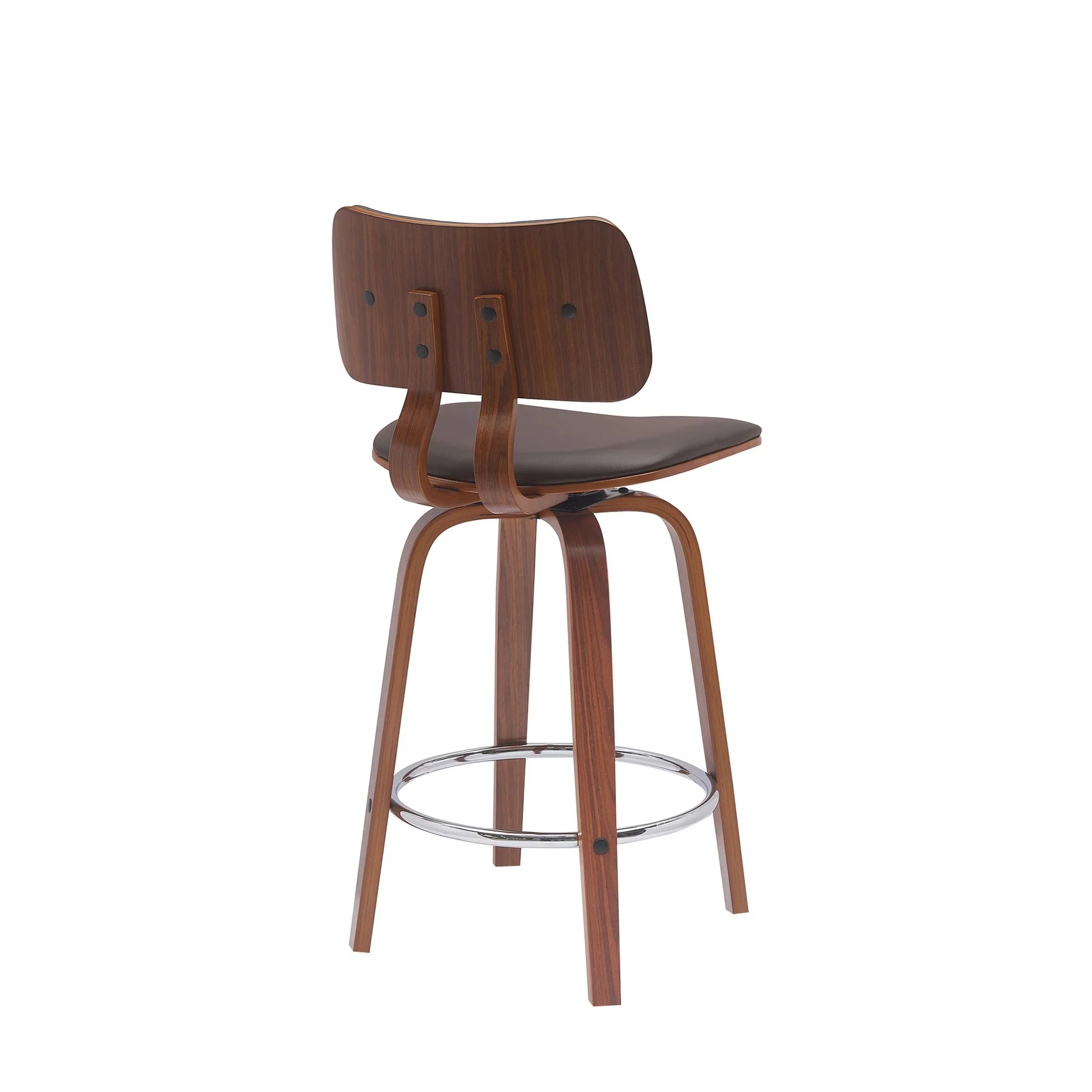 Pico 26" Swivel Walnut Wood Counter Stool in Brown Faux Leather with Chrome - Image 3