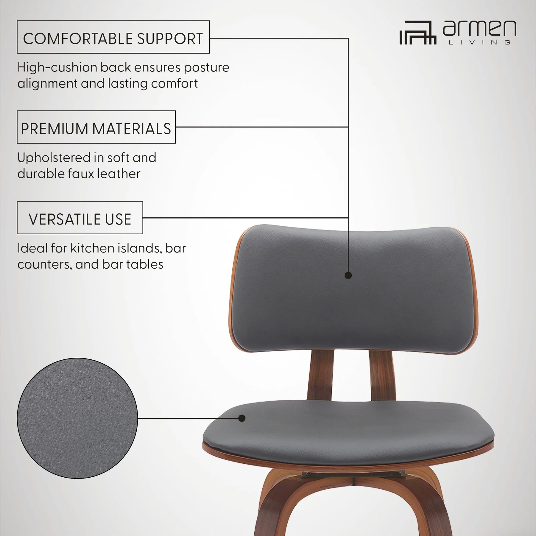 Pico 26" Swivel Walnut Wood Counter Stool in Gray Faux Leather with Chrome - Image 10