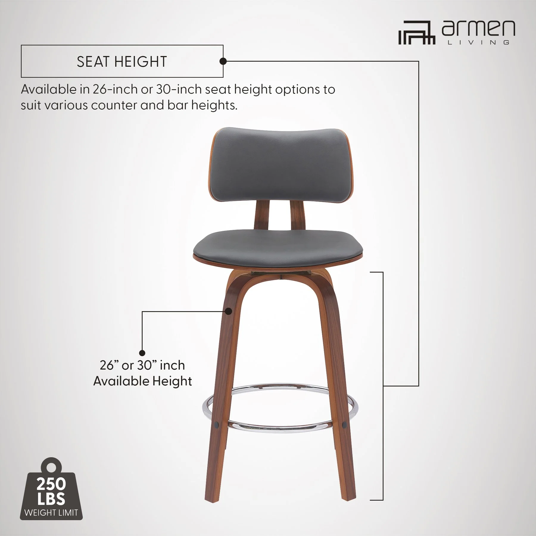 Pico 26" Swivel Walnut Wood Counter Stool in Gray Faux Leather with Chrome - Image 12