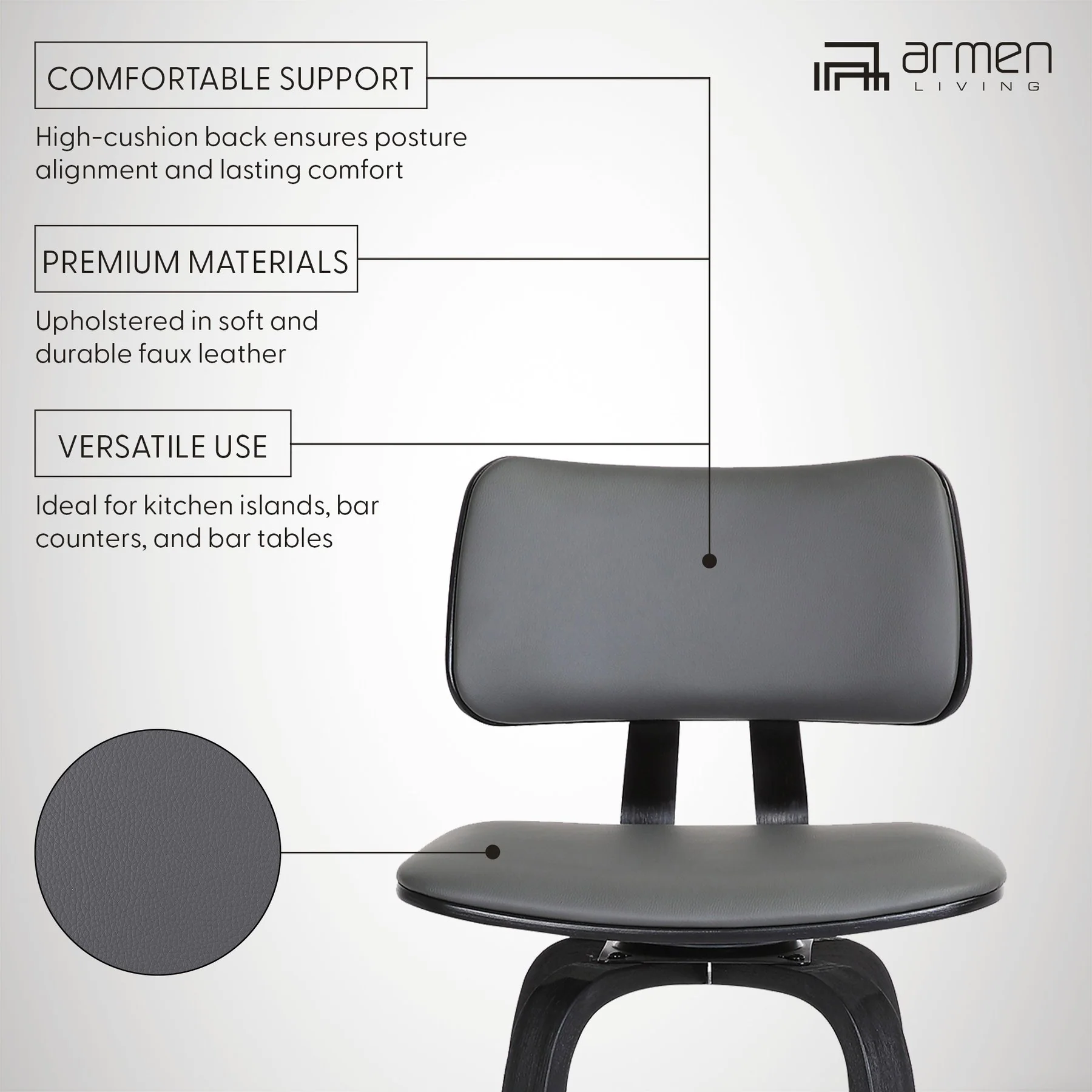 Pico 30" Swivel Black Wood Bar Stool in Gray Faux Leather with Black Metal - Image 11