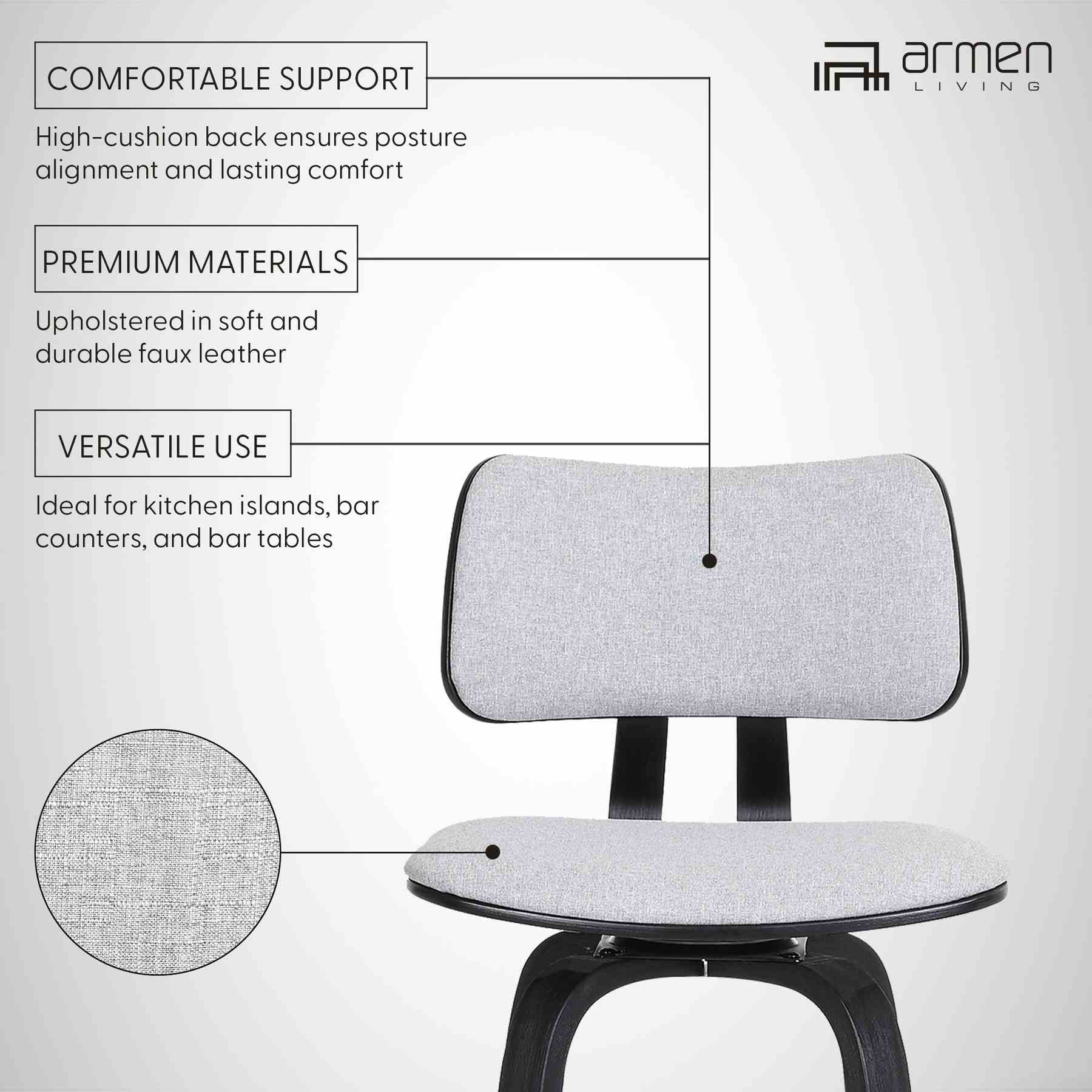 Pico 30" Swivel Black Wood Bar Stool in Light Gray Fabric with Black Metal - Image 11