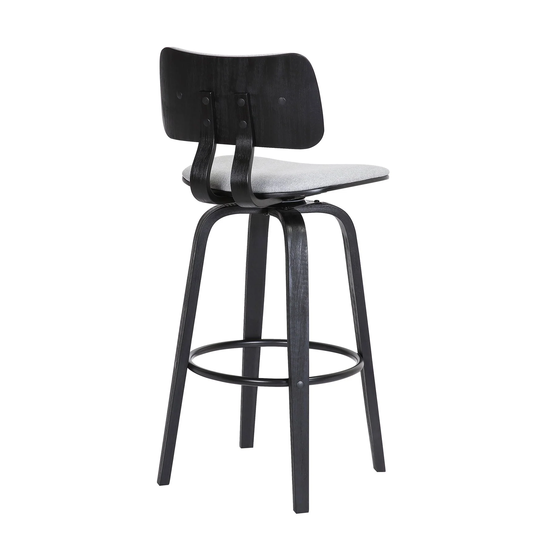 Pico 30" Swivel Black Wood Bar Stool in Light Gray Fabric with Black Metal - Image 4