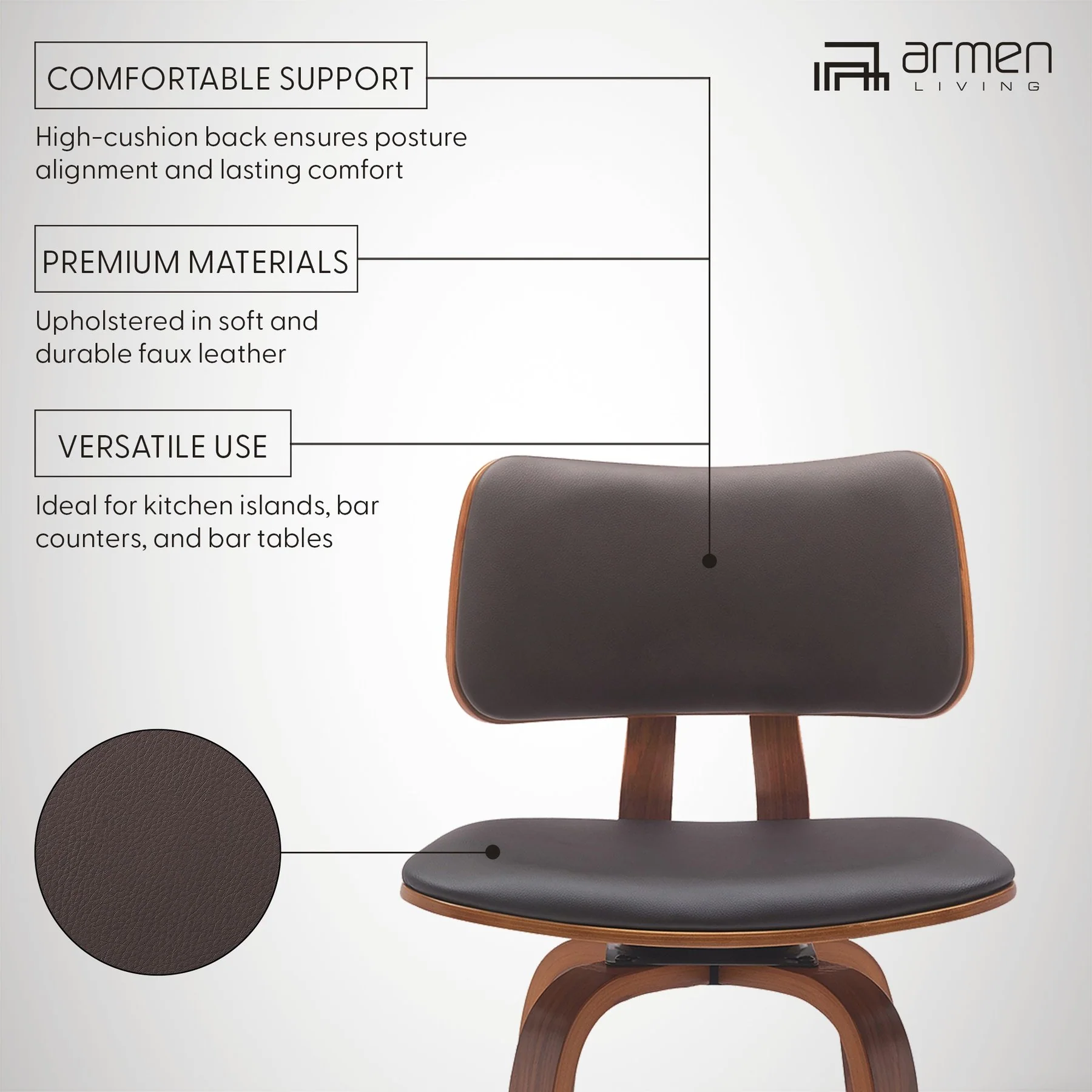 Pico 30" Swivel Walnut Wood Bar Stool in Brown Faux Leather with Chrome - Image 10