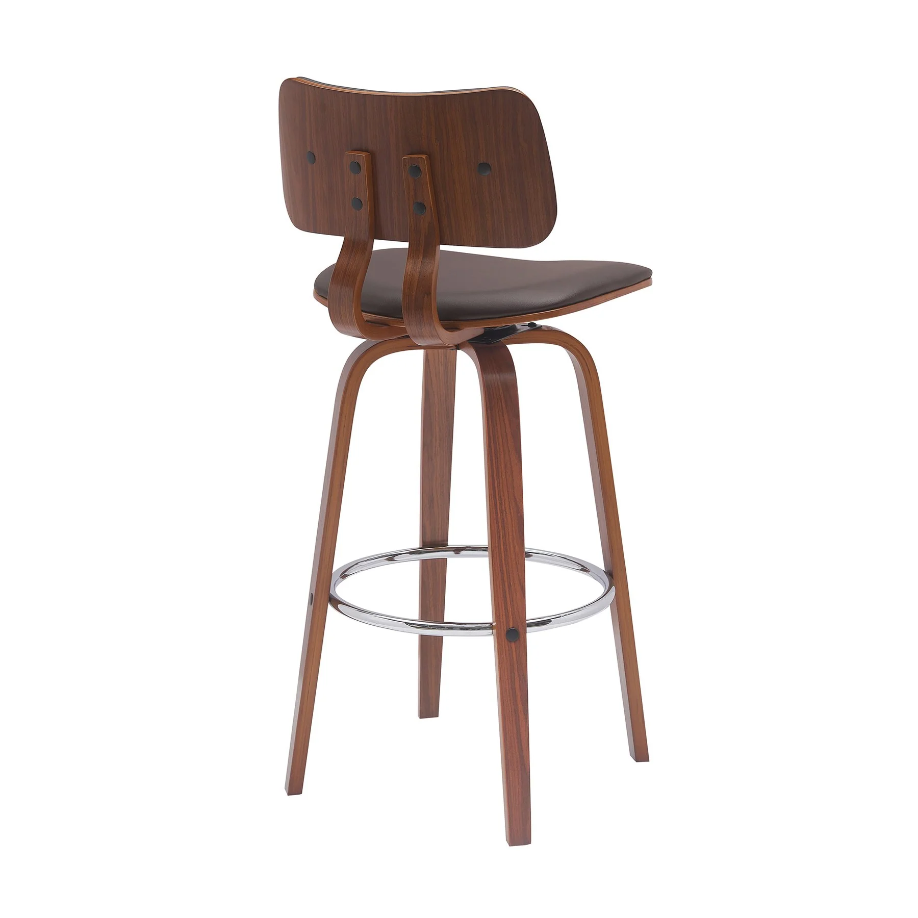 Pico 30" Swivel Walnut Wood Bar Stool in Brown Faux Leather with Chrome - Image 3