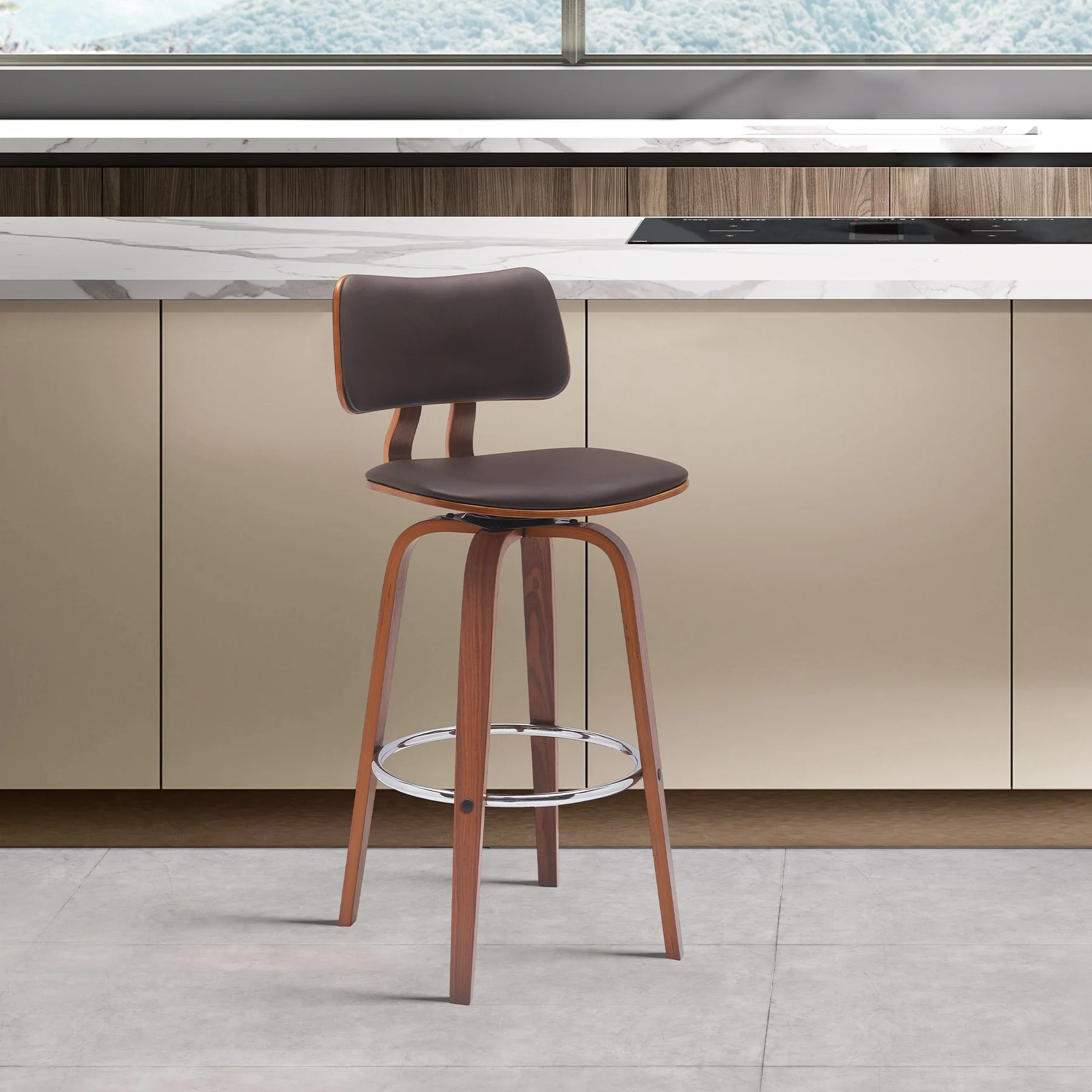 Pico 30" Swivel Walnut Wood Bar Stool in Brown Faux Leather with Chrome - Image 9