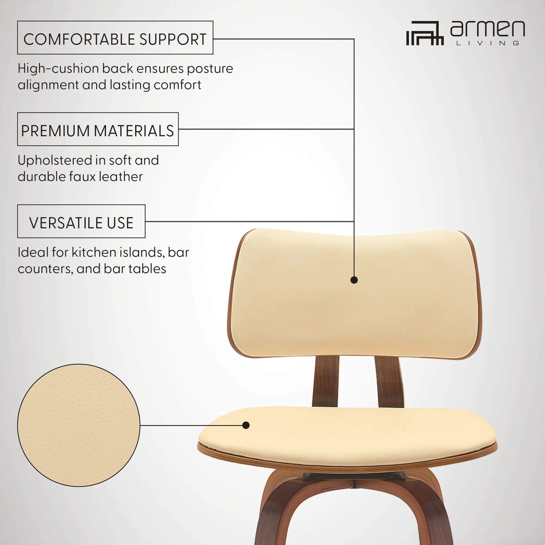 Pico 30" Swivel Walnut Wood Bar Stool in Cream Faux Leather with Chrome - Image 10