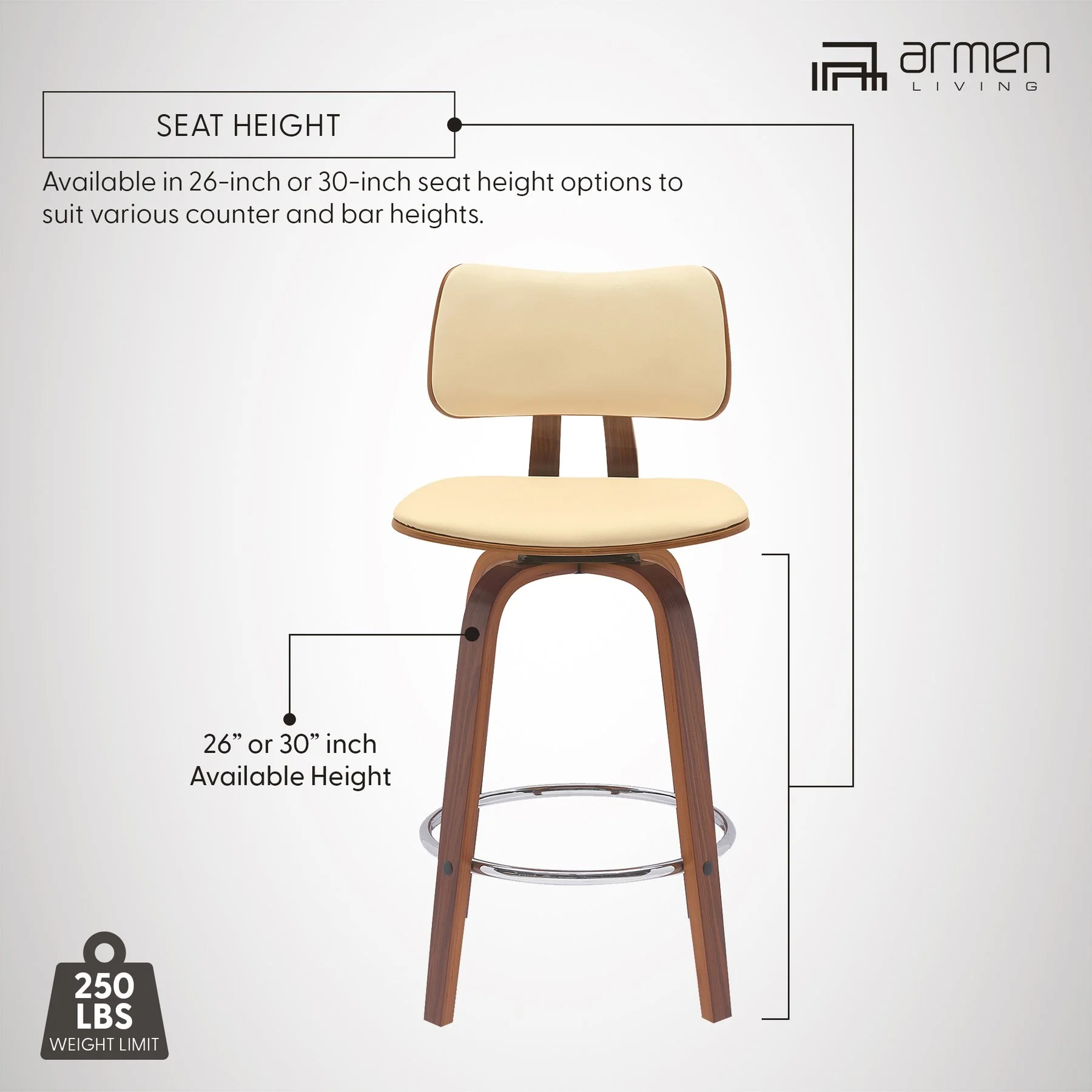 Pico 30" Swivel Walnut Wood Bar Stool in Cream Faux Leather with Chrome - Image 12