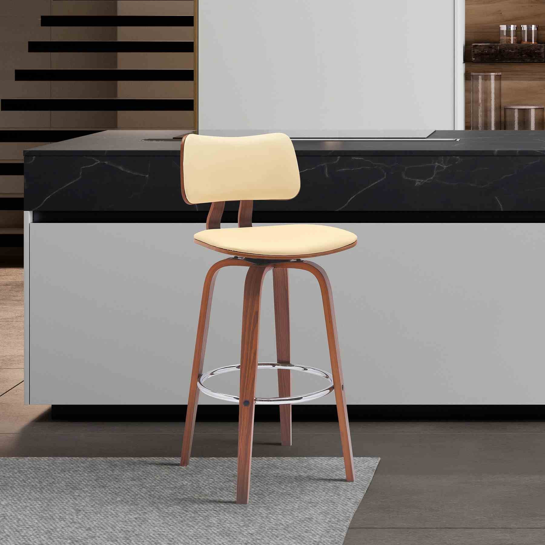 Pico 30" Swivel Walnut Wood Bar Stool in Cream Faux Leather with Chrome - Image 9