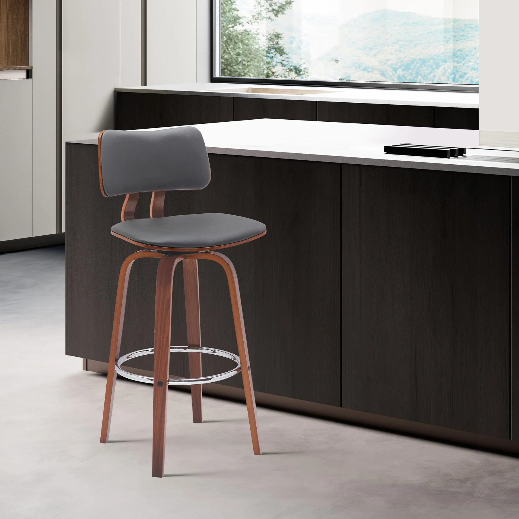Pico 30" Swivel Walnut Wood Bar Stool in Gray Faux Leather with Chrome - Image 9