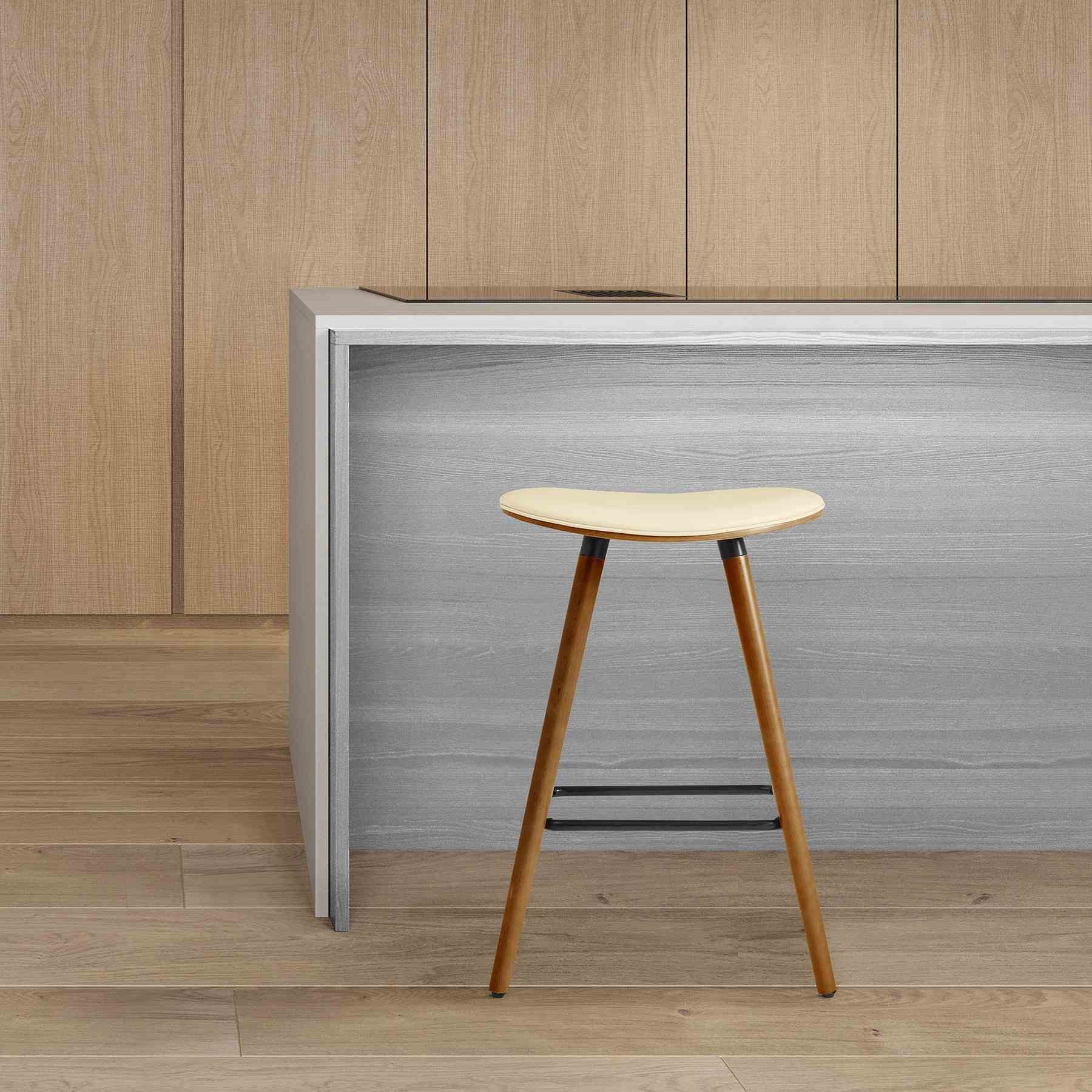 Piper 26" Counter Height Backless Bar Stool in Cream Faux Leather and Walnut Wood - Image 7