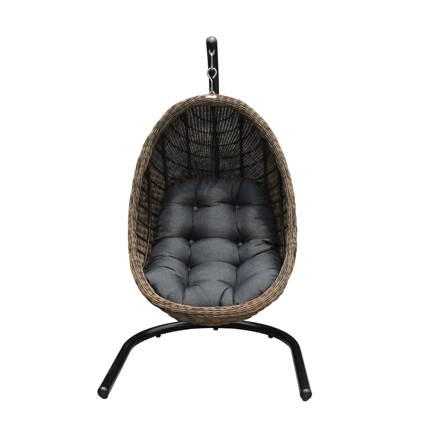 Pisces Indoor Outdoor Hanging Egg Swing Chair in Espresso Wicker with Black Iron Stand - Image 2