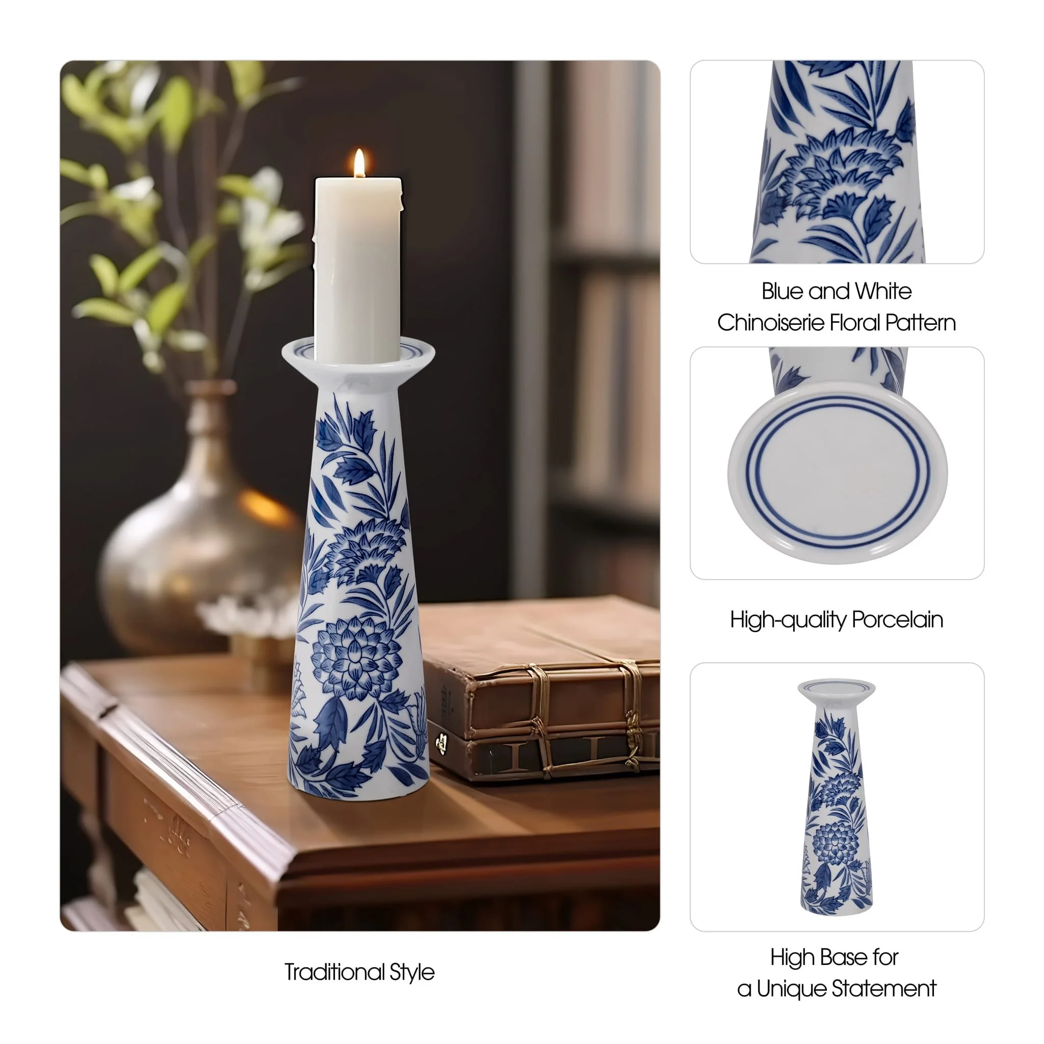 Porc,12"h Chinoiserie Candle Holder,blue/wht - Image 10