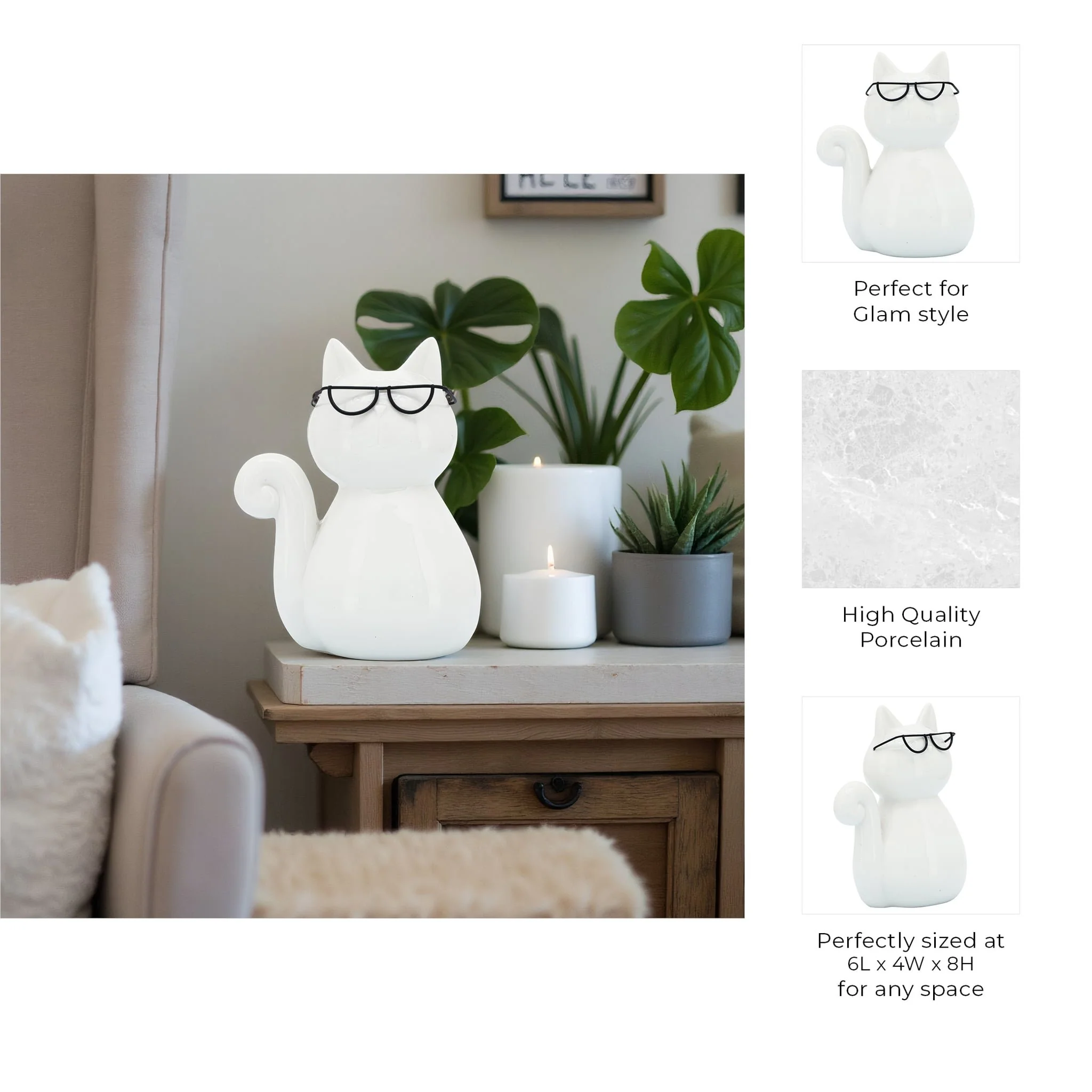Porcelain, 8"h Cat W/ Glasses, White - Image 10