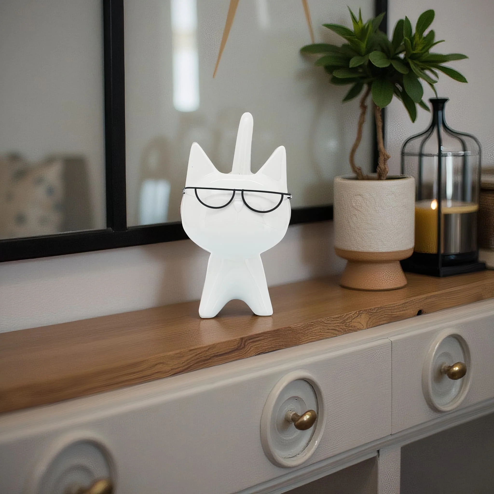 Porcelain, 8"h Kitty W/ Glasses, White - Image 12