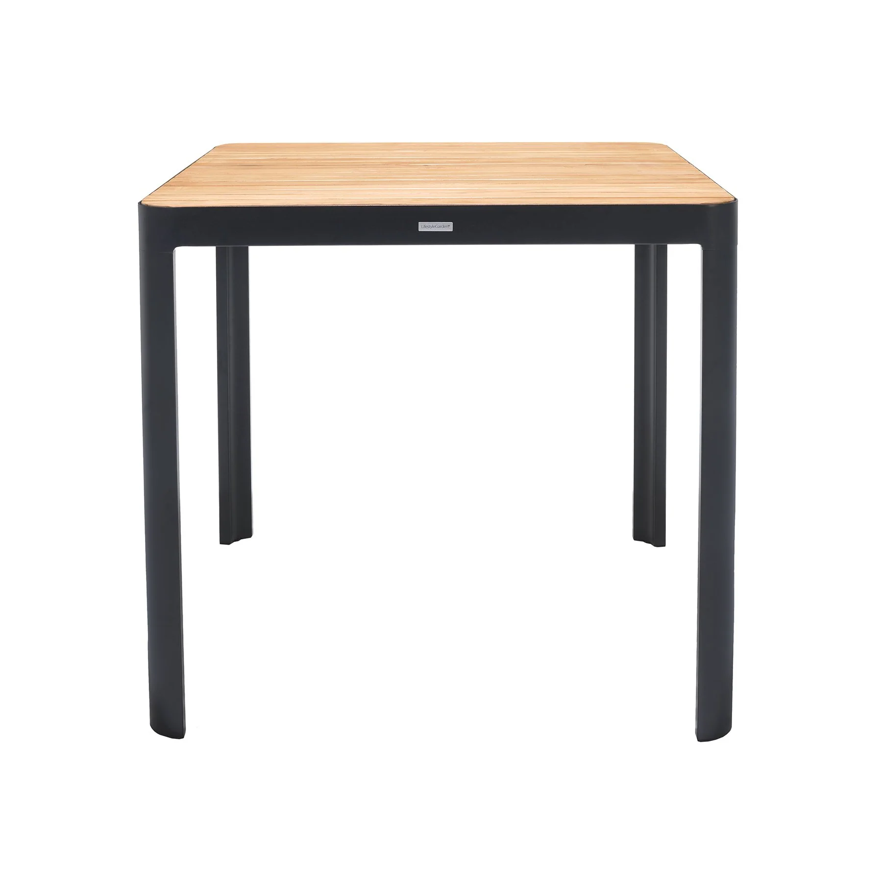 Portals 5 Piece Outdoor Patio Aluminum Bar Set in Black Finish and Natural Teak Wood Accent Top - Image 5