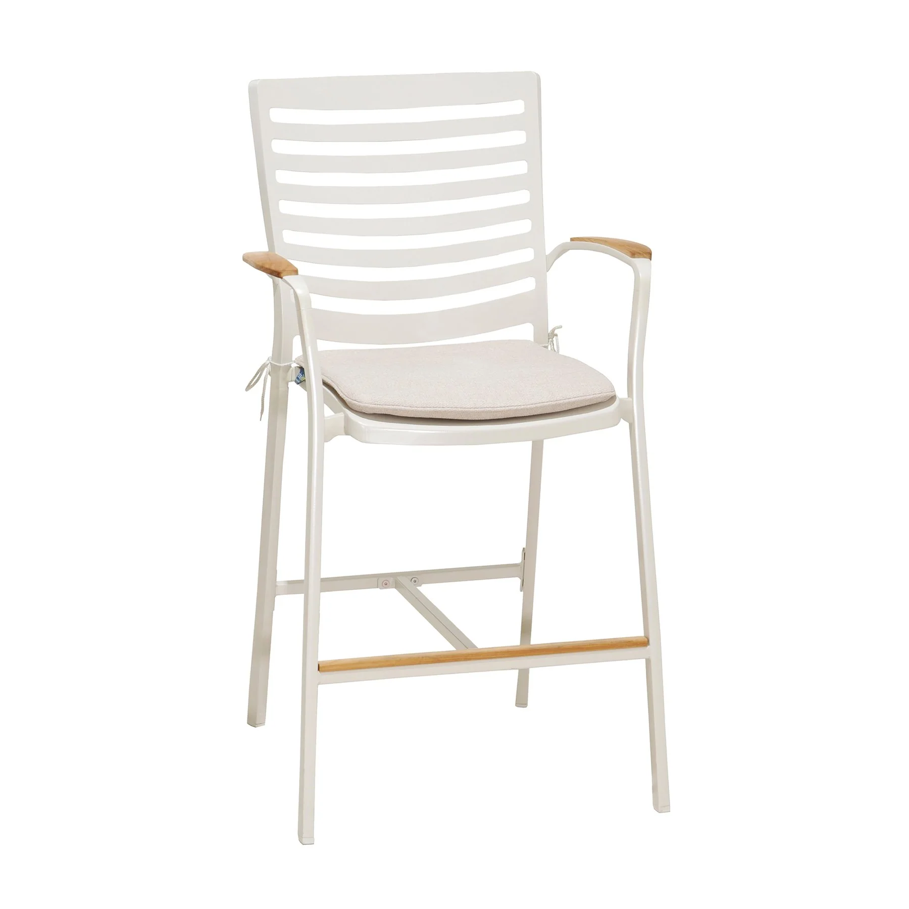Portals 5 Piece Outdoor Patio Aluminum Bar Set with Natural Teak wood Accent Top in Light Matte Sand Finish - Image 2