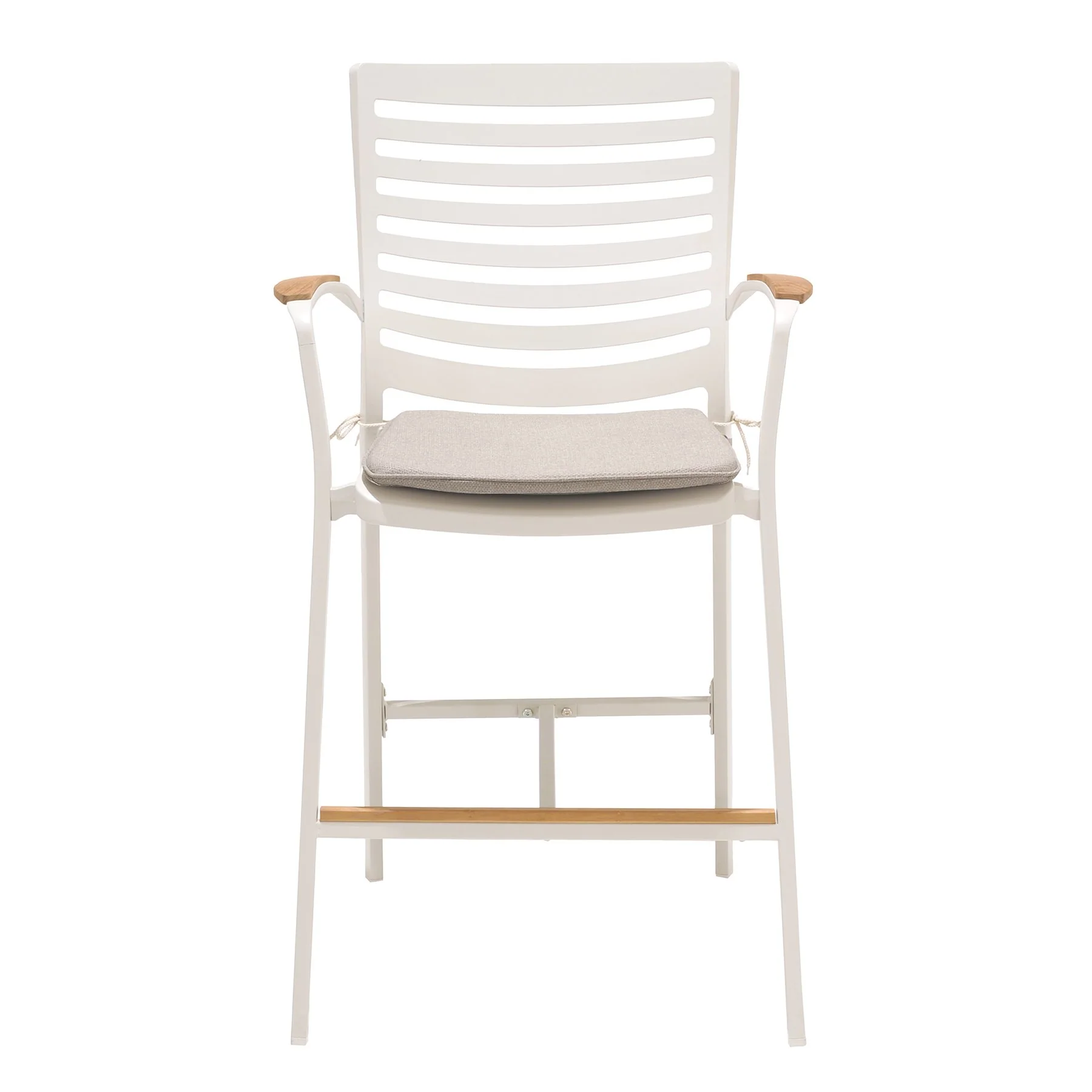 Portals 5 Piece Outdoor Patio Aluminum Bar Set with Natural Teak wood Accent Top in Light Matte Sand Finish - Image 3