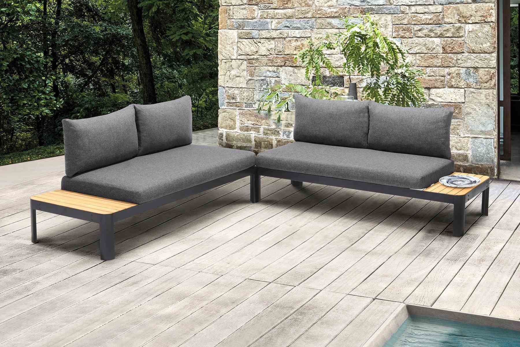 Portals Outdoor 2 piece Sofa Set in Black Finish with Natural Teak Wood Accent - Image 6