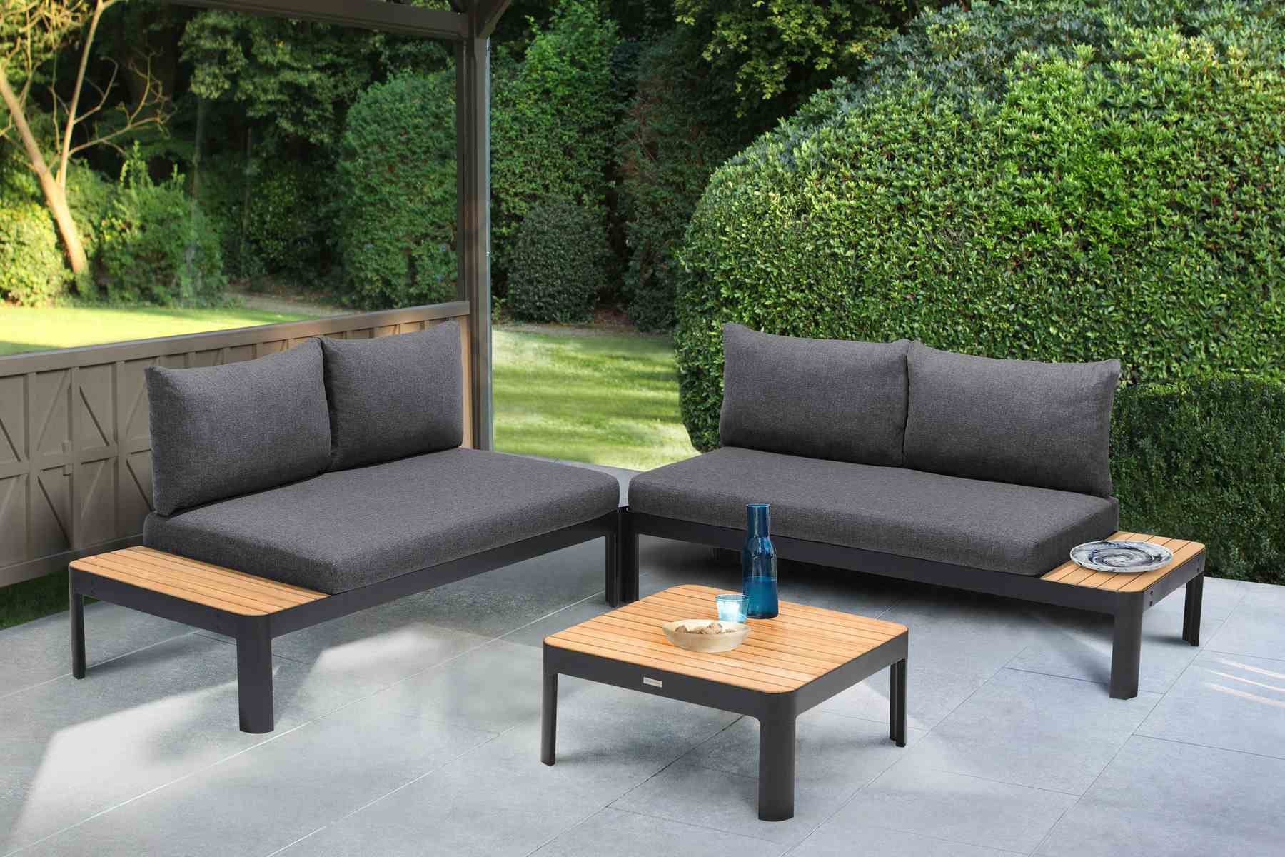 Portals Outdoor 3 Piece Sofa Set in Black Finish with Natural Teak Wood Top Accent - Image 6