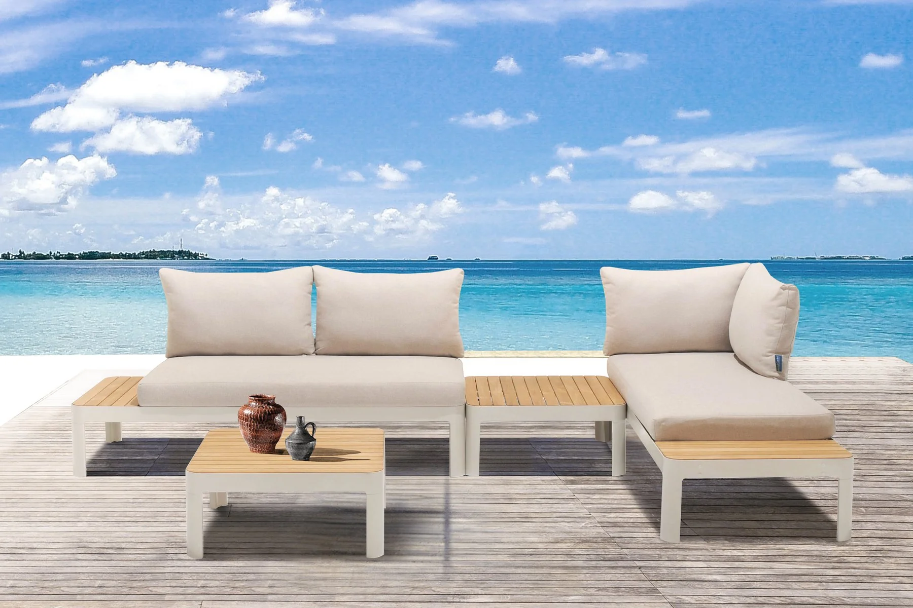 Portals Outdoor 4 Piece Sofa set in Matte Sand Finish with Natural Teak Wood - Image 6