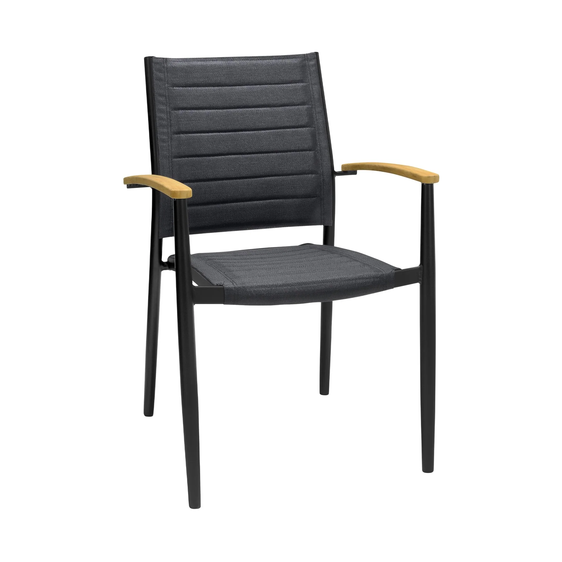 Portals Outdoor Black Aluminum Stacking Dining Chair with Teak Arms - Set of 2 - Image 2