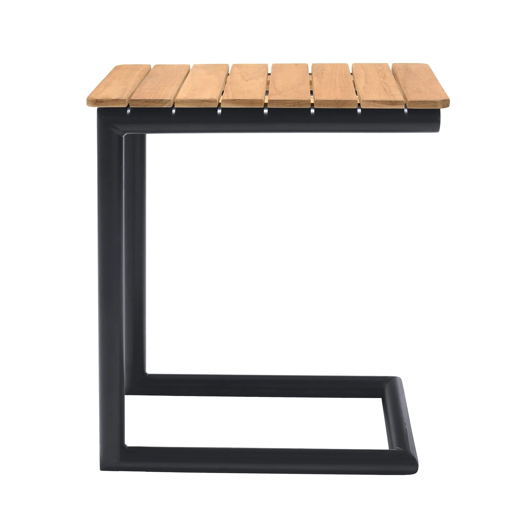 Portals Outdoor C-Shape Side Table in Black Finish and Natural Teak Wood Top - Image 3