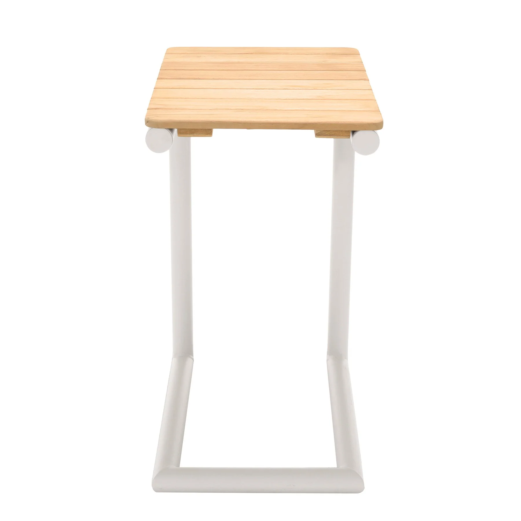 Portals Outdoor C-Shape Side Table in Light Sand Matte Finish and Natural Teak Wood Top - Image 2