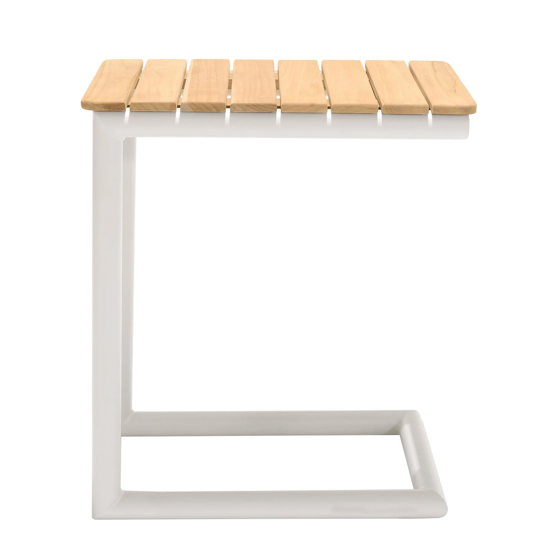 Portals Outdoor C-Shape Side Table in Light Sand Matte Finish and Natural Teak Wood Top - Image 3