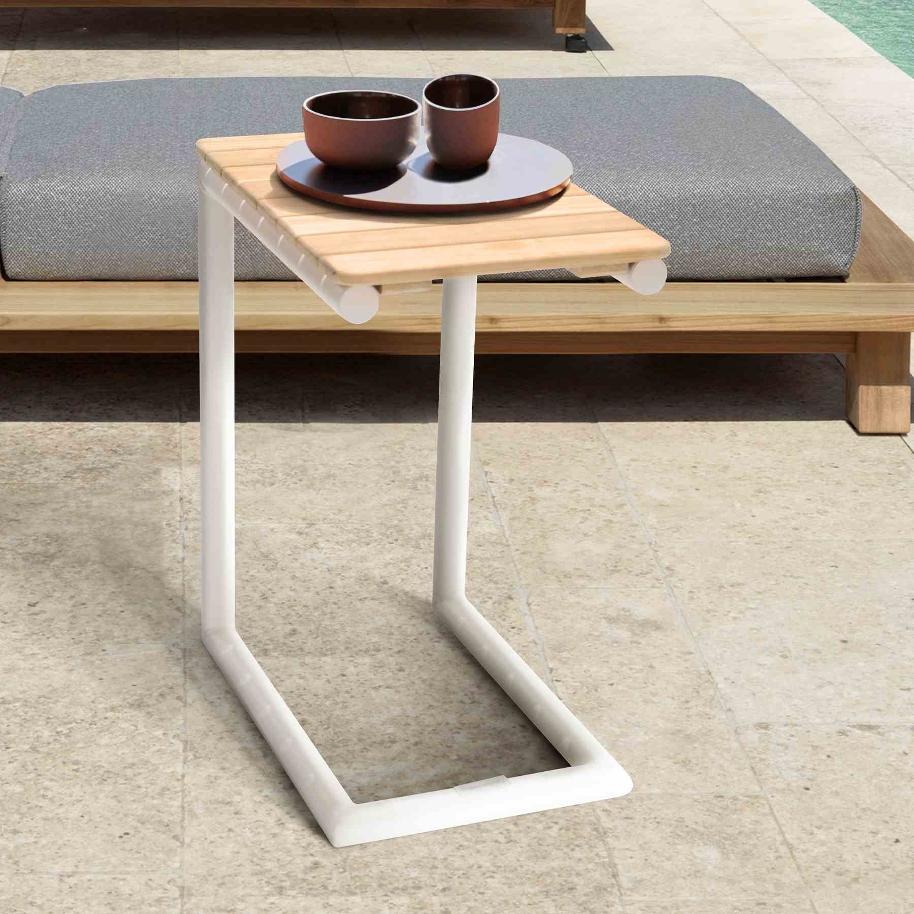 Portals Outdoor C-Shape Side Table in Light Sand Matte Finish and Natural Teak Wood Top - Image 5