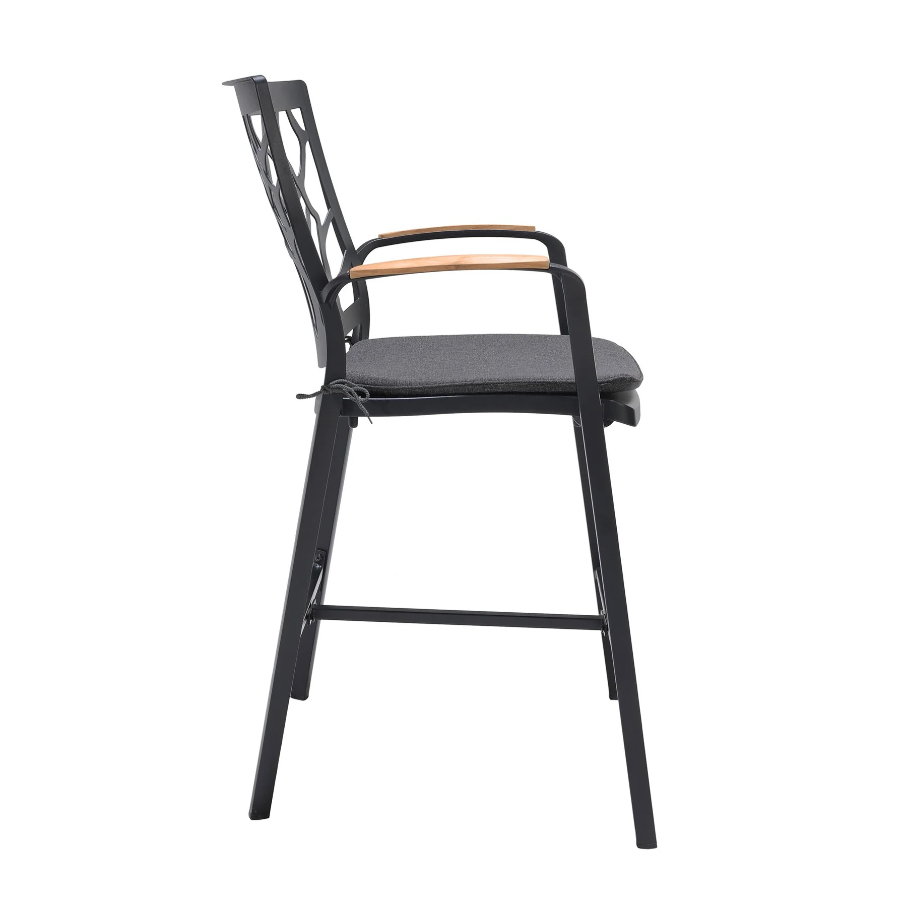 Portals Outdoor Patio Aluminum Barstool in Black with Natural Teak Wood Accent and Cushions - Image 3