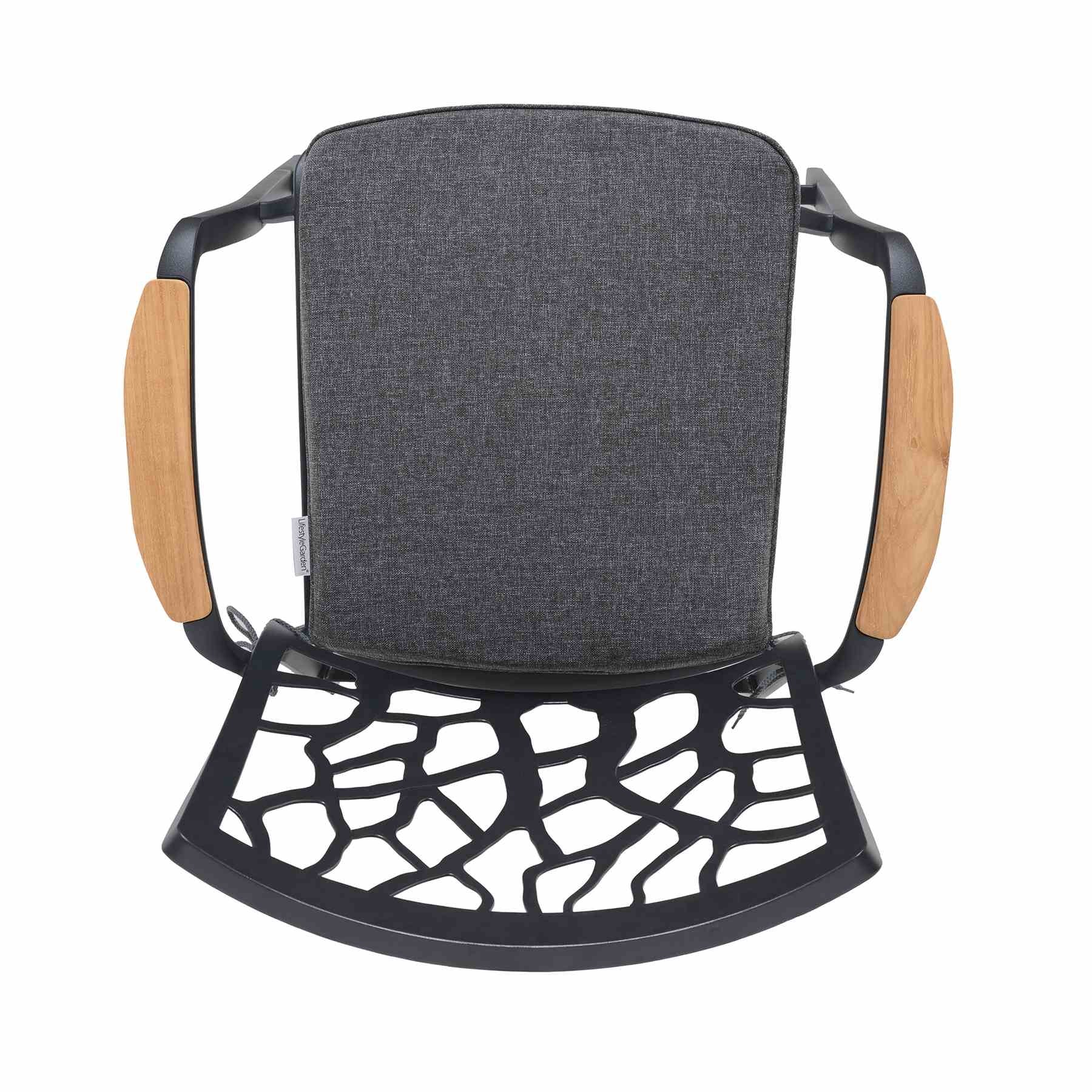 Portals Outdoor Patio Aluminum Barstool in Black with Natural Teak Wood Accent and Cushions - Image 4