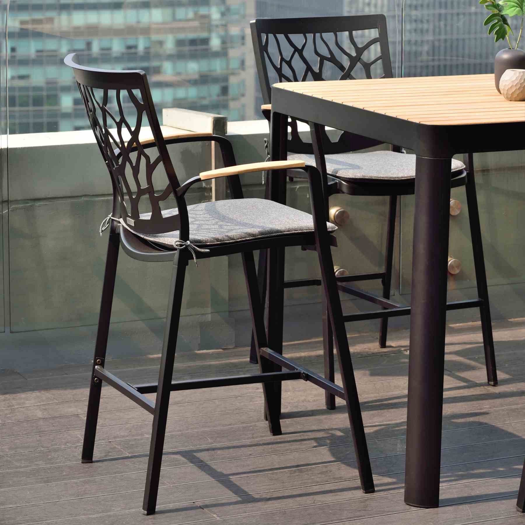 Portals Outdoor Patio Aluminum Barstool in Black with Natural Teak Wood Accent and Cushions - Image 7