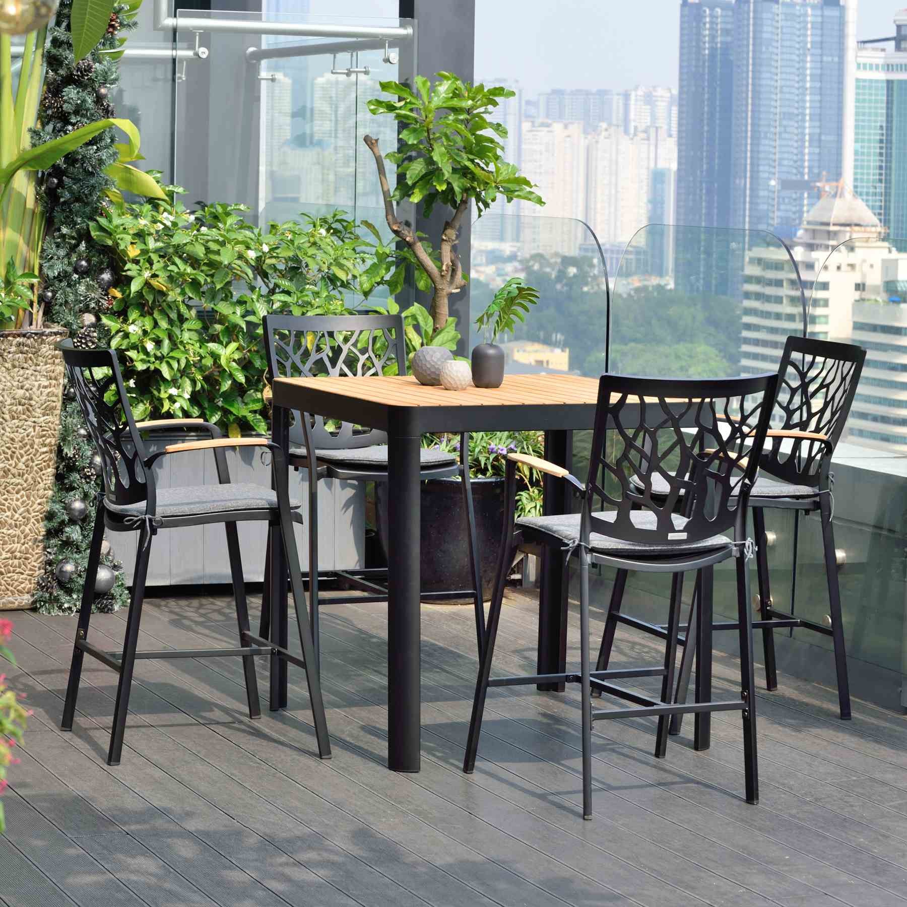 Portals Outdoor Patio Aluminum Barstool in Black with Natural Teak Wood Accent and Cushions - Image 8