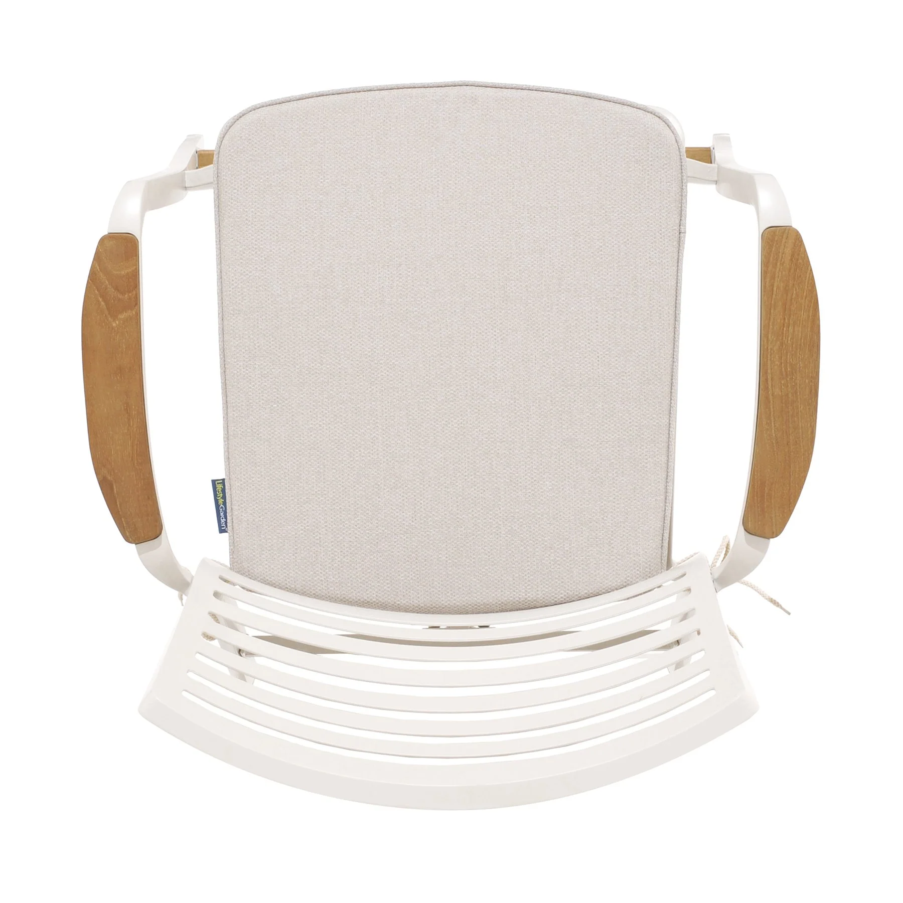 Portals Outdoor Patio Aluminum Barstool in Light Matte Sand with Natural Teak Wood Accent - Image 4