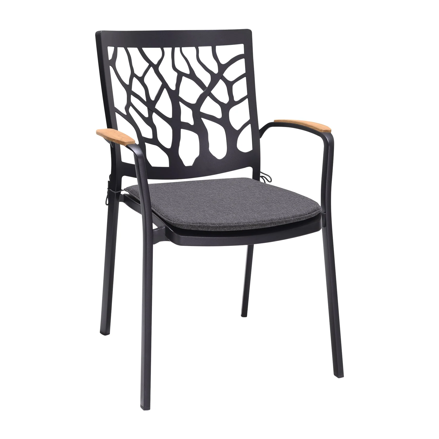Portals Outdoor Patio Aluminum Chair in Black with Natural Teak Wood Accent-Set of 2 - Image 2