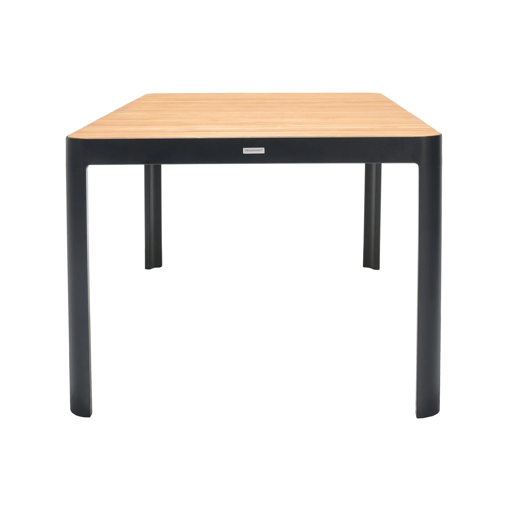 Portals Outdoor Rectangle Dining Table in Black Finish with Natural Teak Wood Top - Image 3