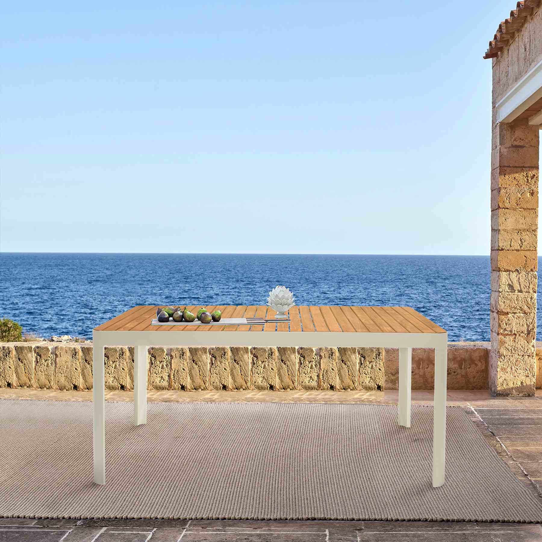 Portals Outdoor Rectangular Coral Sand Aluminum & Teak Wood Dining Table - Image 5