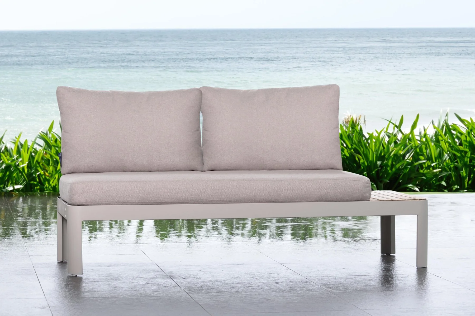 Portals Outdoor Sofa in Light Matte Sand Finish with Natural Teak Wood and Beige Cushions - Image 5