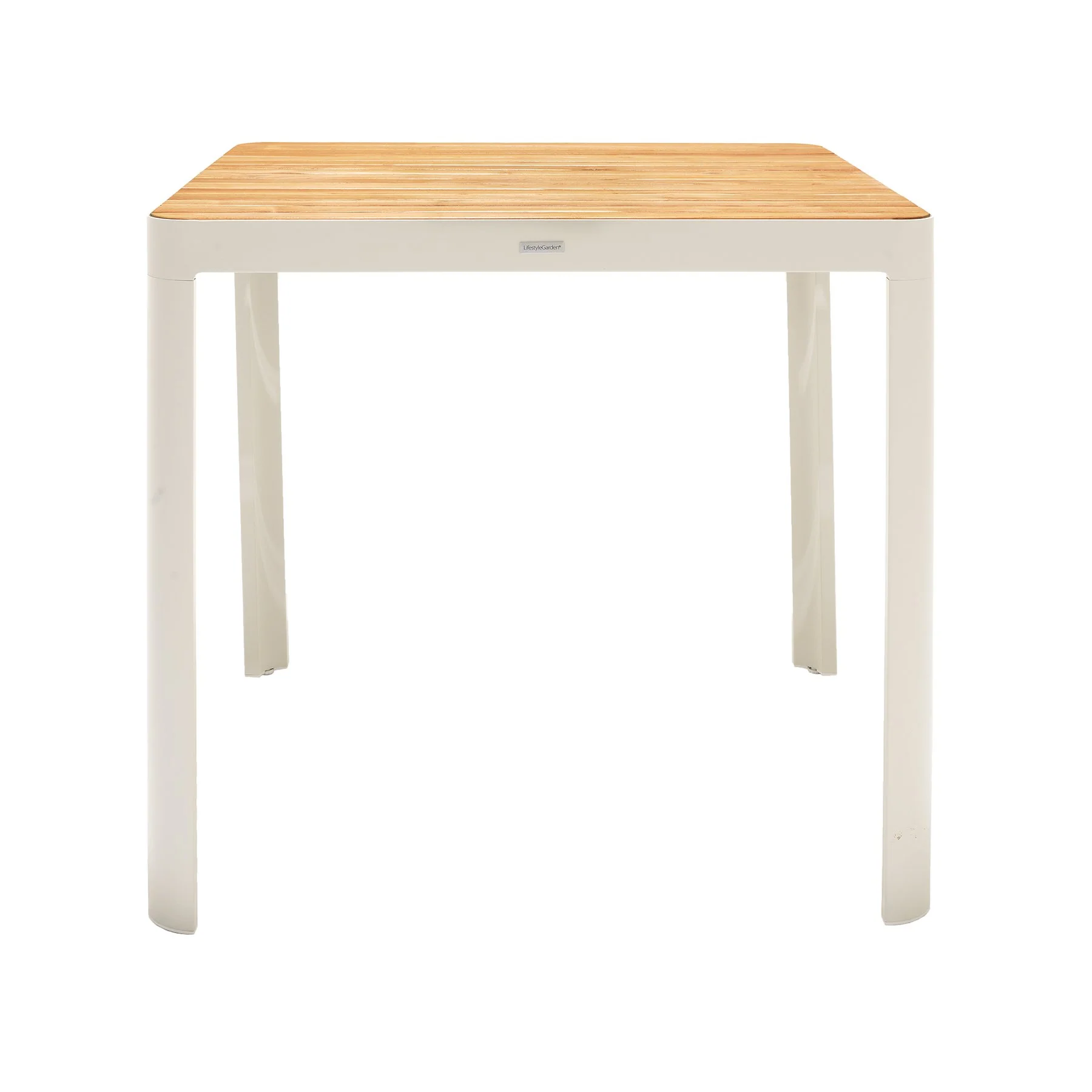Portals Outdoor Square Bar Table In Light Matte Sand with Natural Teak Wood Top - Image 2