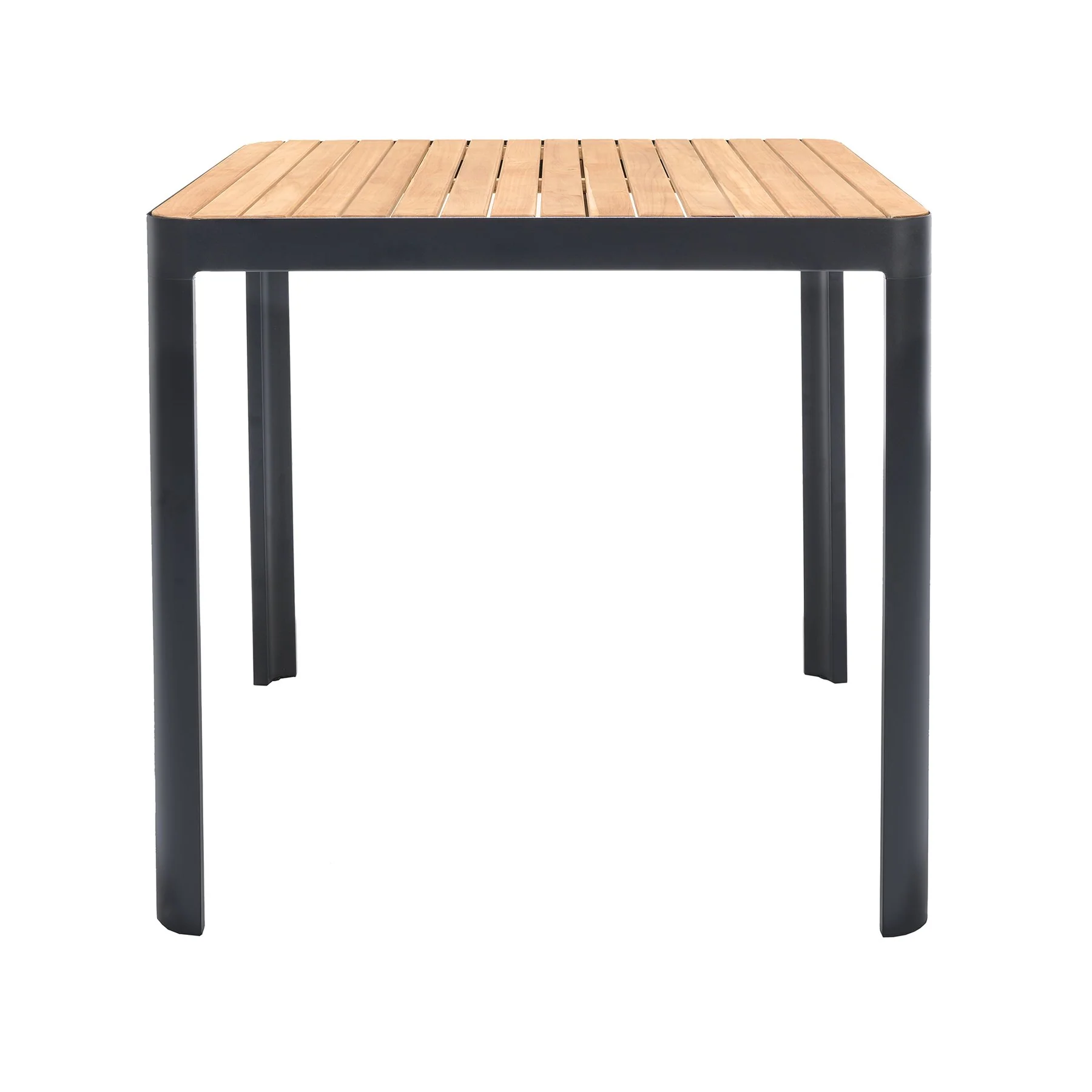 Portals Outdoor Square Bar Table in Natural Teak Wood Top and Black Frame - Image 3